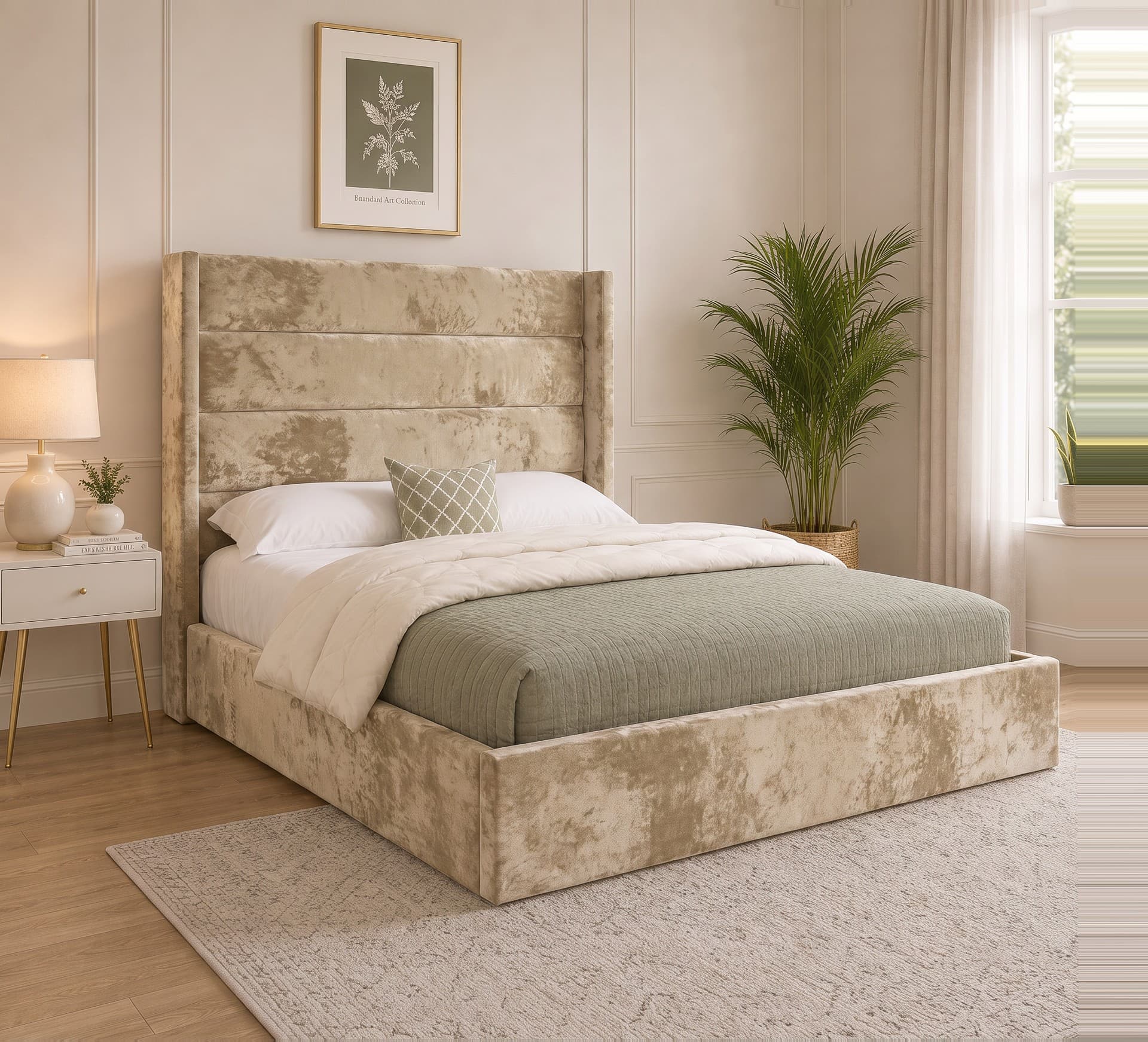 Martinez fluted winged bed in almond crushed velvet in a softly lit bedroom
