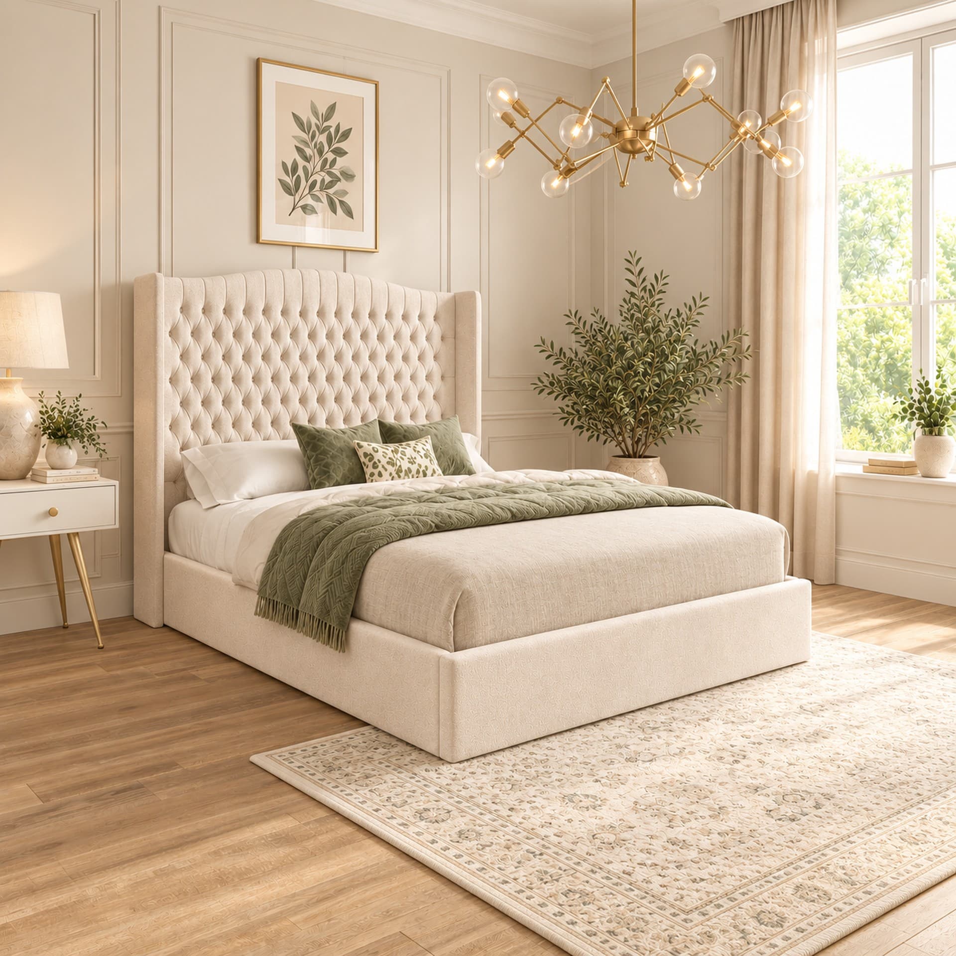 Montauk curved winged Chesterfield bed in cream velvet in a calm, neutral bedroom