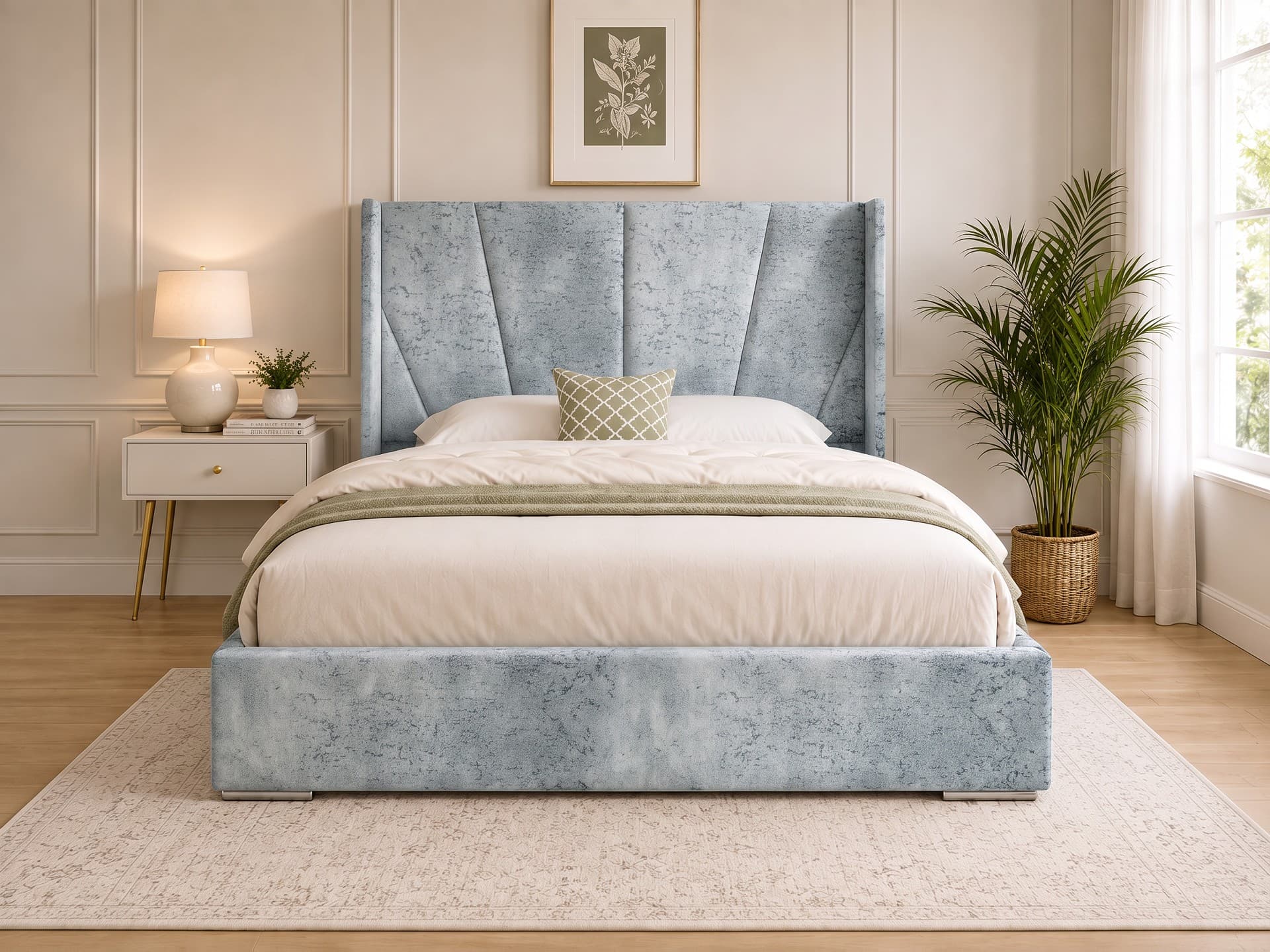 Baconton Curved Winged Upholstered Bed Frame in silver Soft Marble velvet