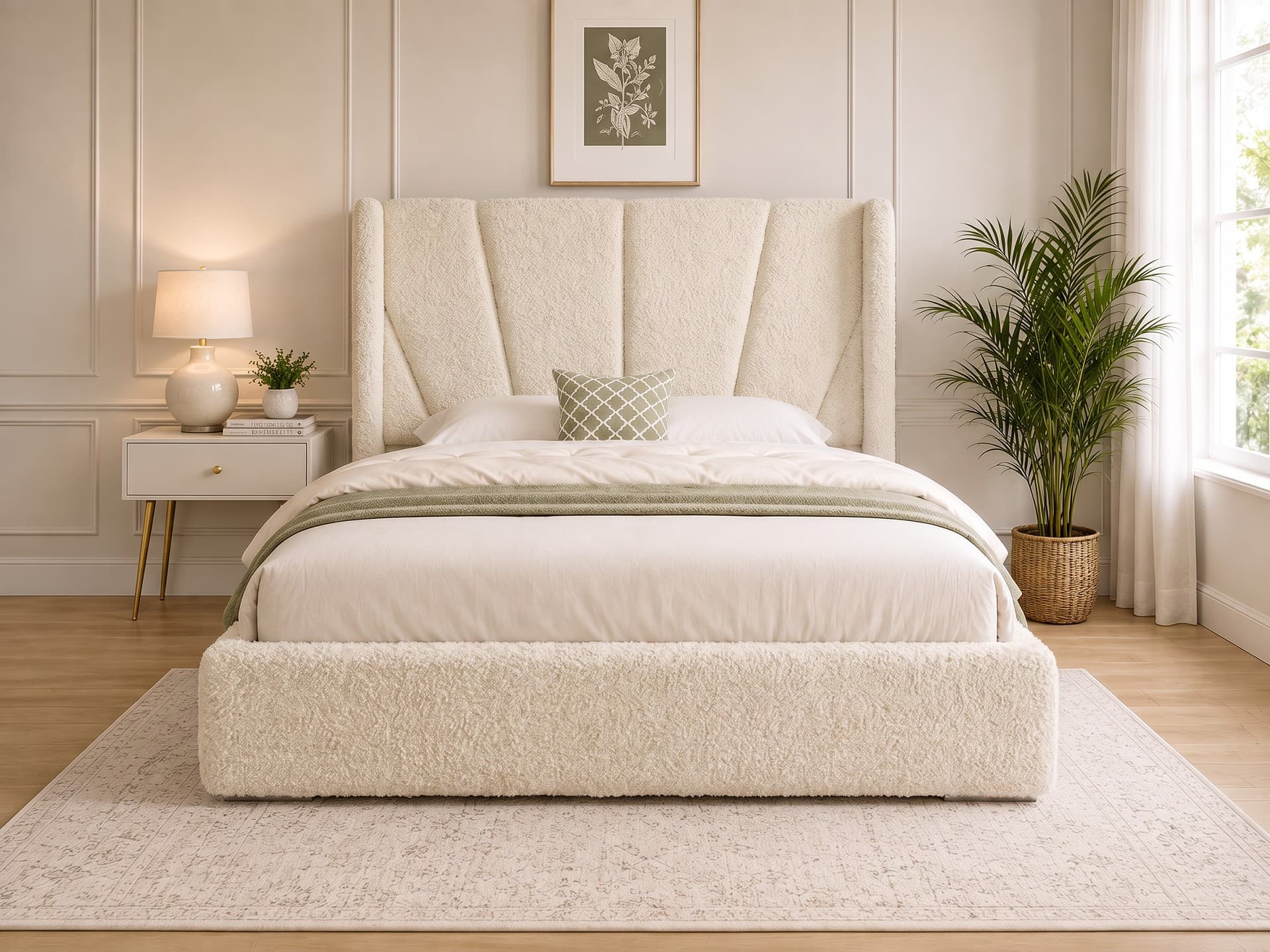 Baconton Curved Winged Upholstered Bed Frame in teddy bouclé