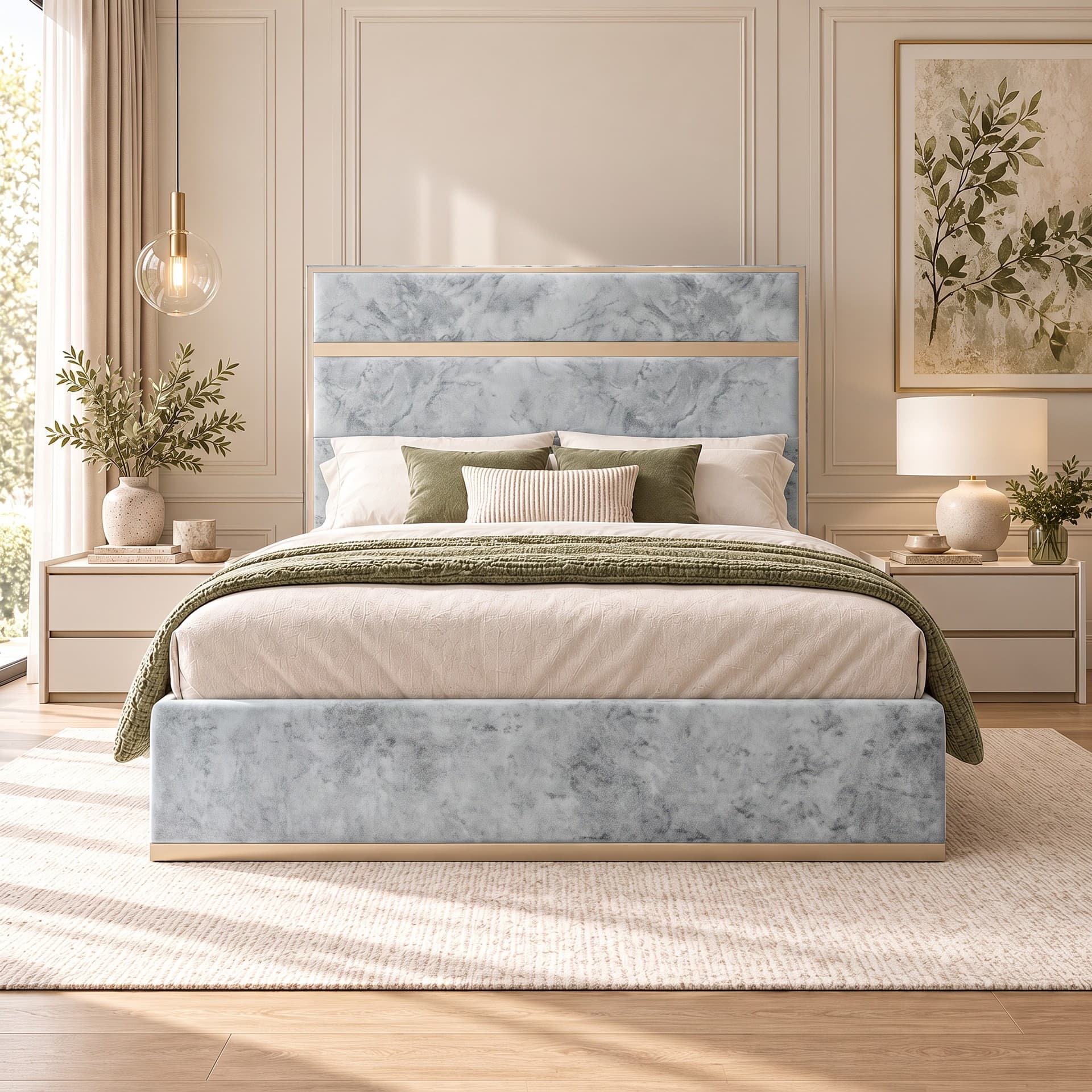 Breckin Panelled Upholstered Bed Frame in silver Soft Marble velvet