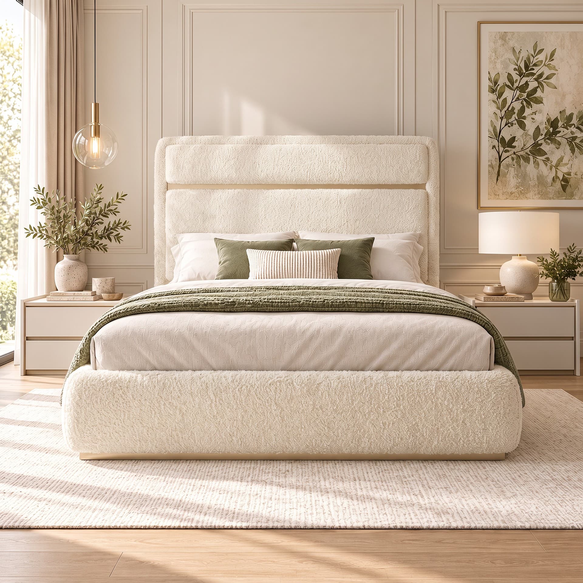 Breckin Panelled Upholstered Bed Frame in teddy bouclé