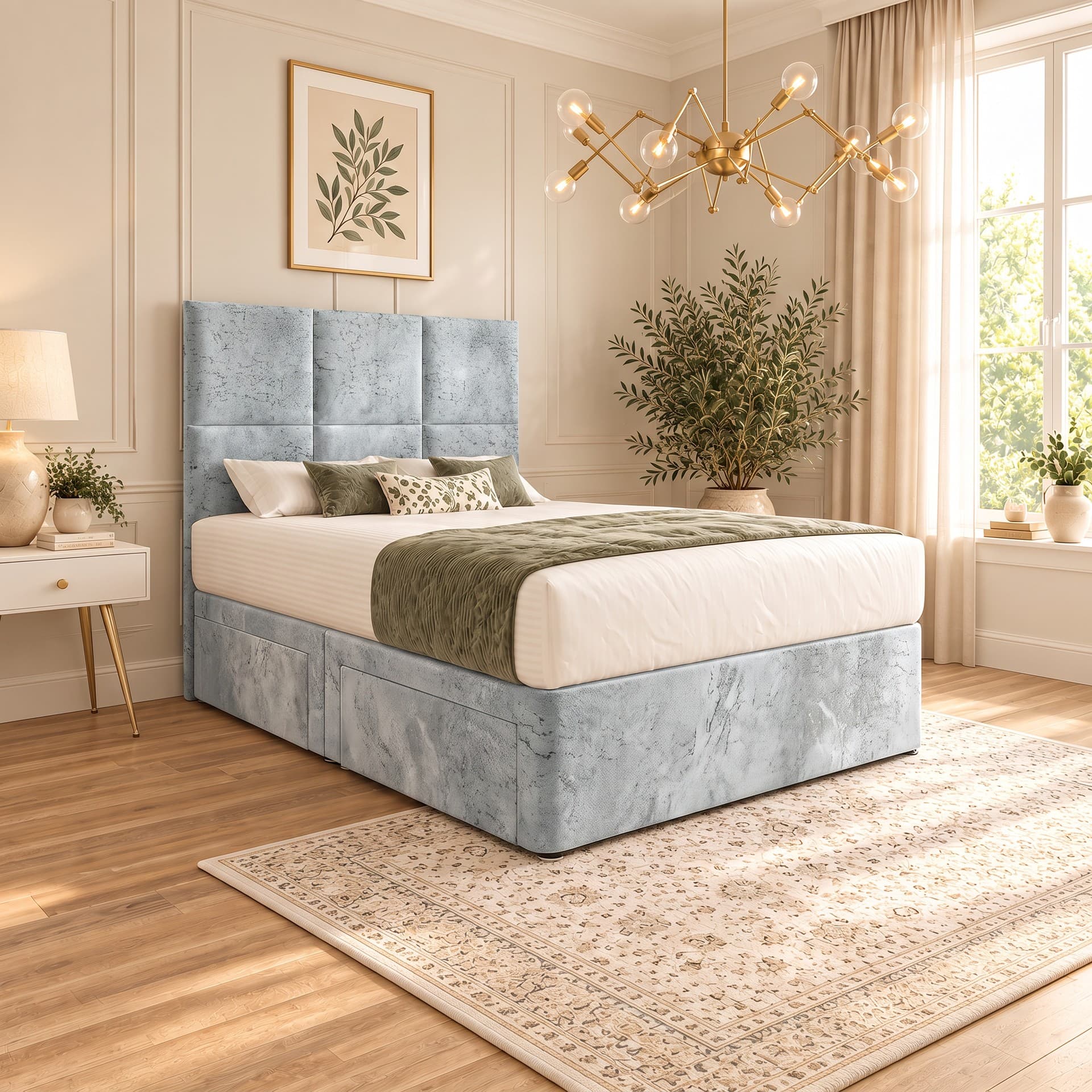 Camea Cube Headboard Divan Bed with Storage in silver Soft Marble velvet