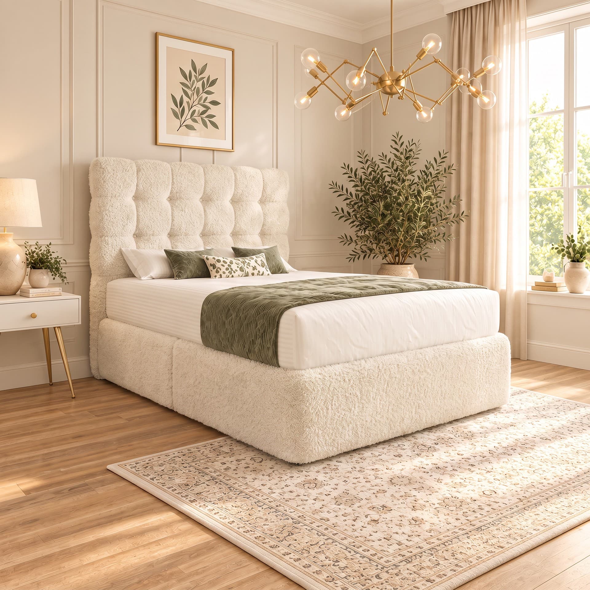 Camea Cube Headboard Divan Bed with Storage in teddy bouclé