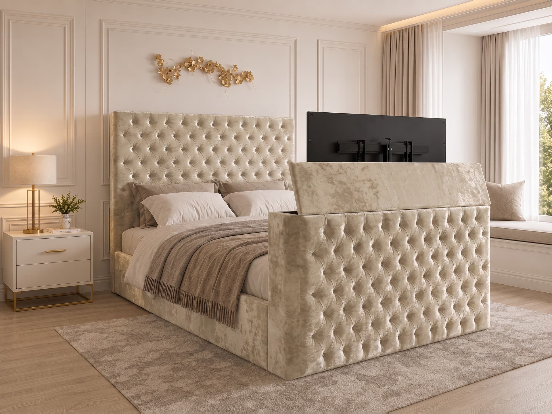 Colina Tufted Upholstered TV Bed Frame in crushed velvet