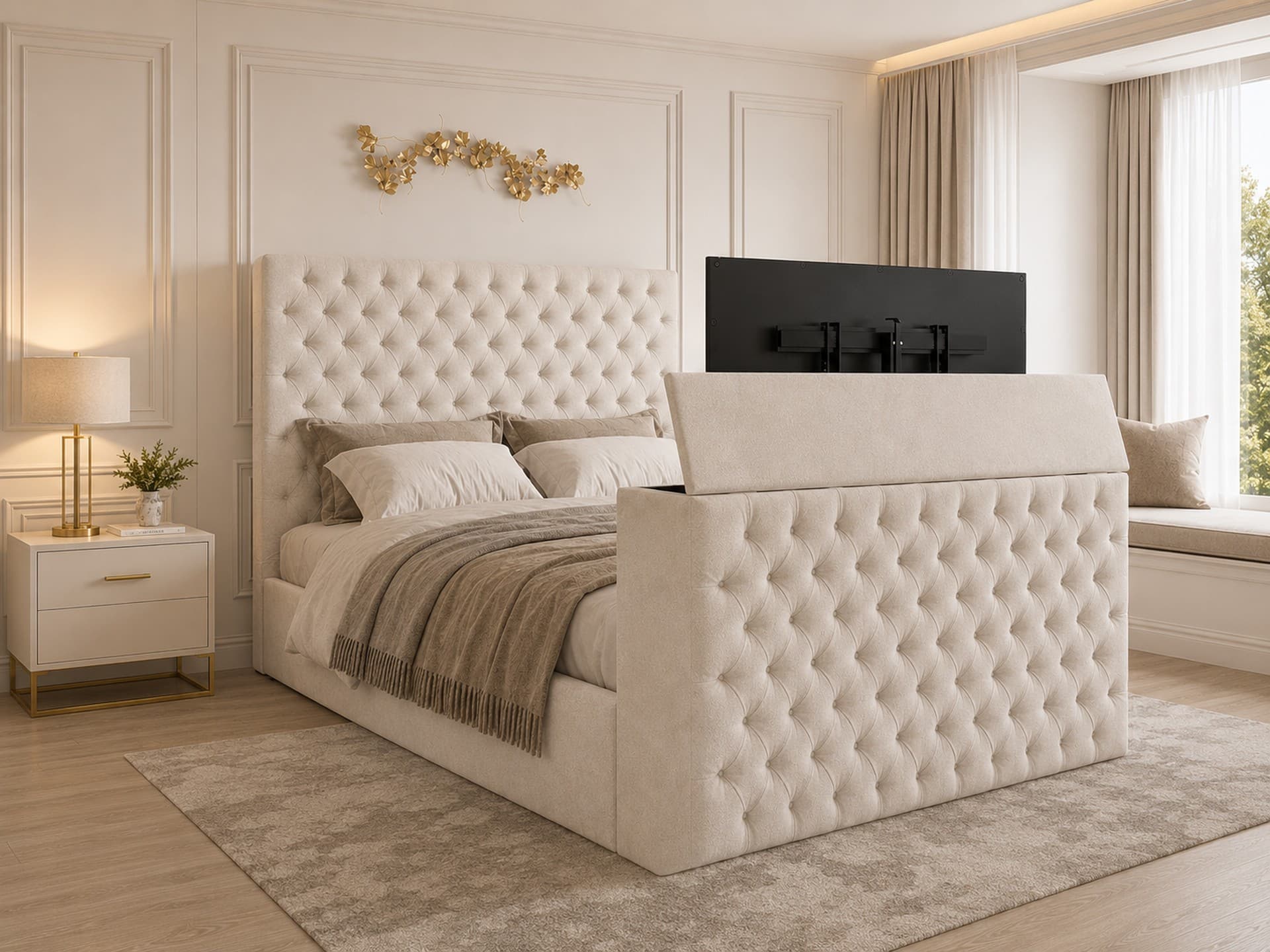 Colina Tufted Upholstered TV Bed Frame in French Velvet