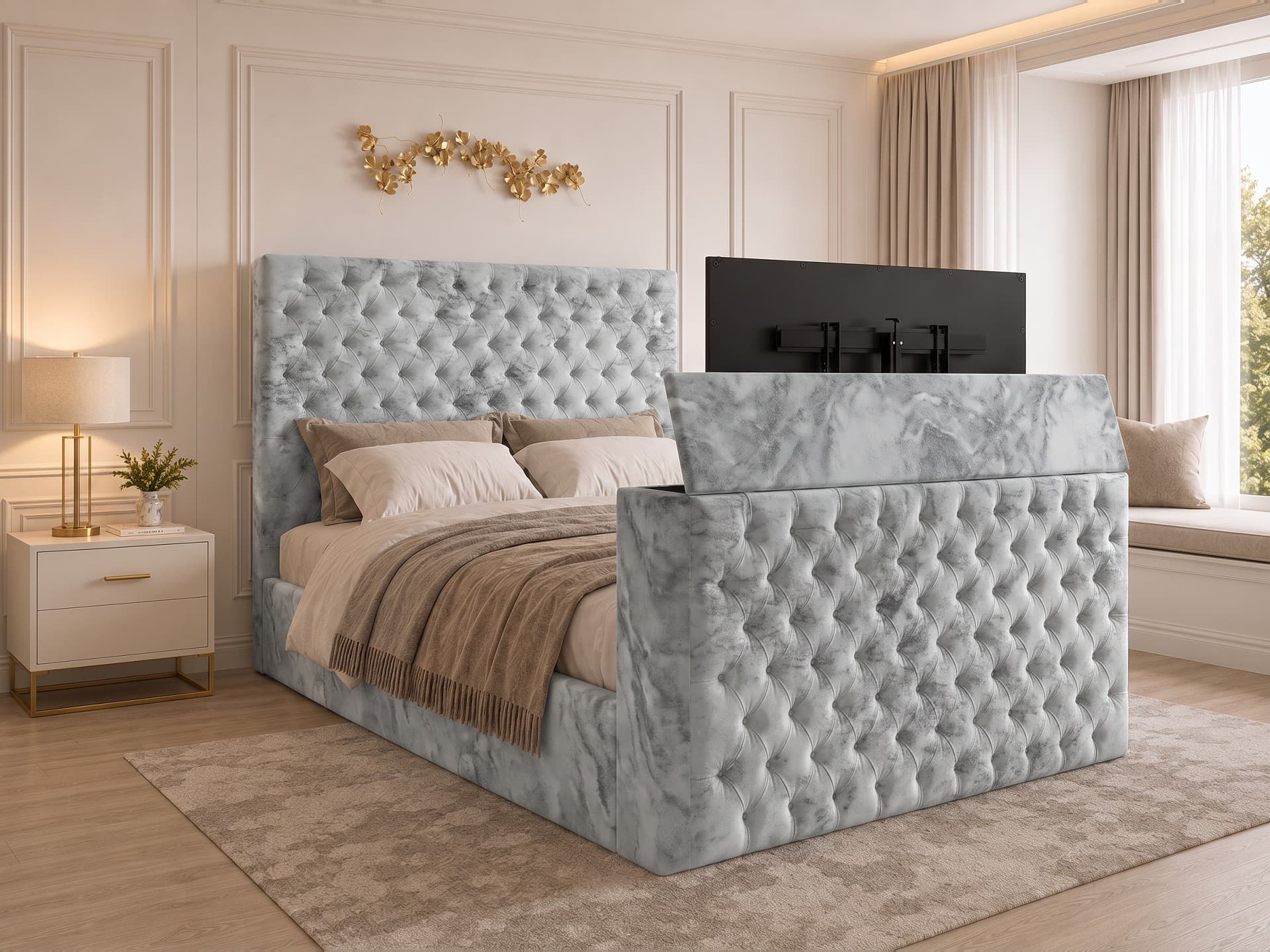 Colina Tufted Upholstered TV Bed Frame in silver Soft Marble velvet