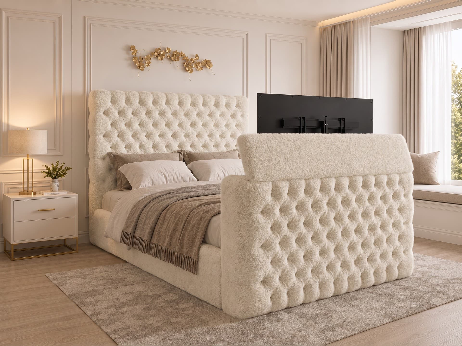 Colina Tufted Upholstered TV Bed Frame in teddy bouclé