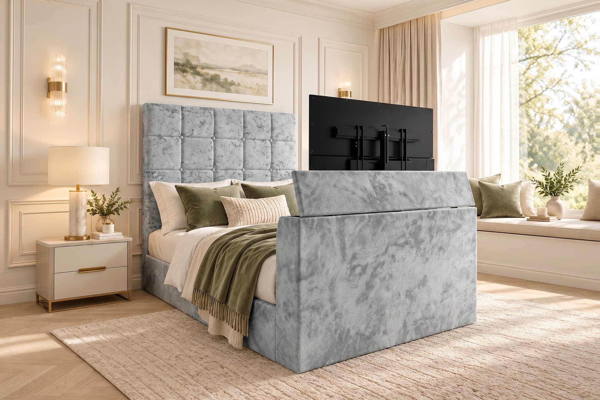 Daniel Panelled Upholstered TV Bed Frame in silver Soft Marble velvet