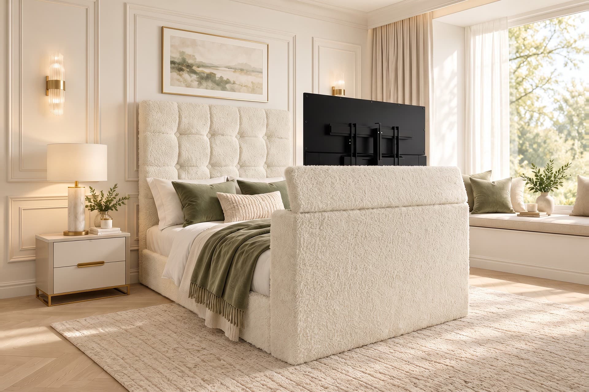 Daniel Panelled Upholstered TV Bed Frame in teddy bouclé