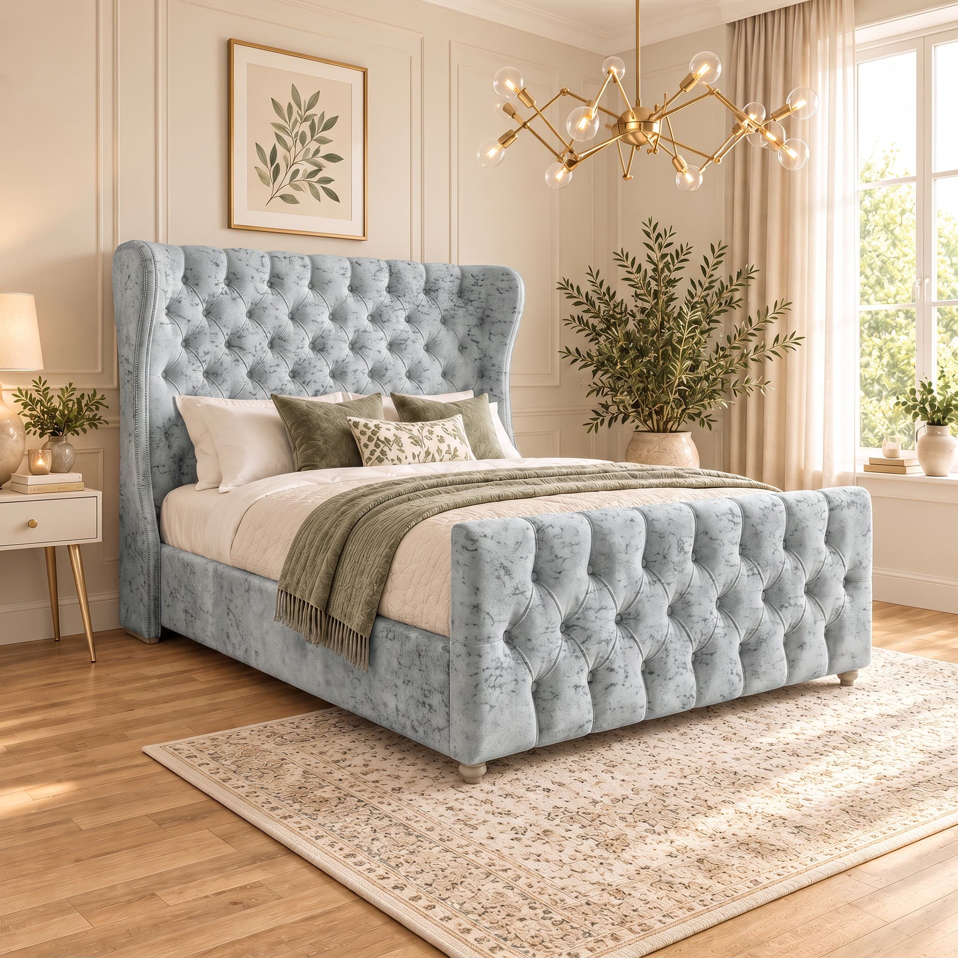 Dorothy Curved Top Upholstered Bed Frame in silver Soft Marble velvet