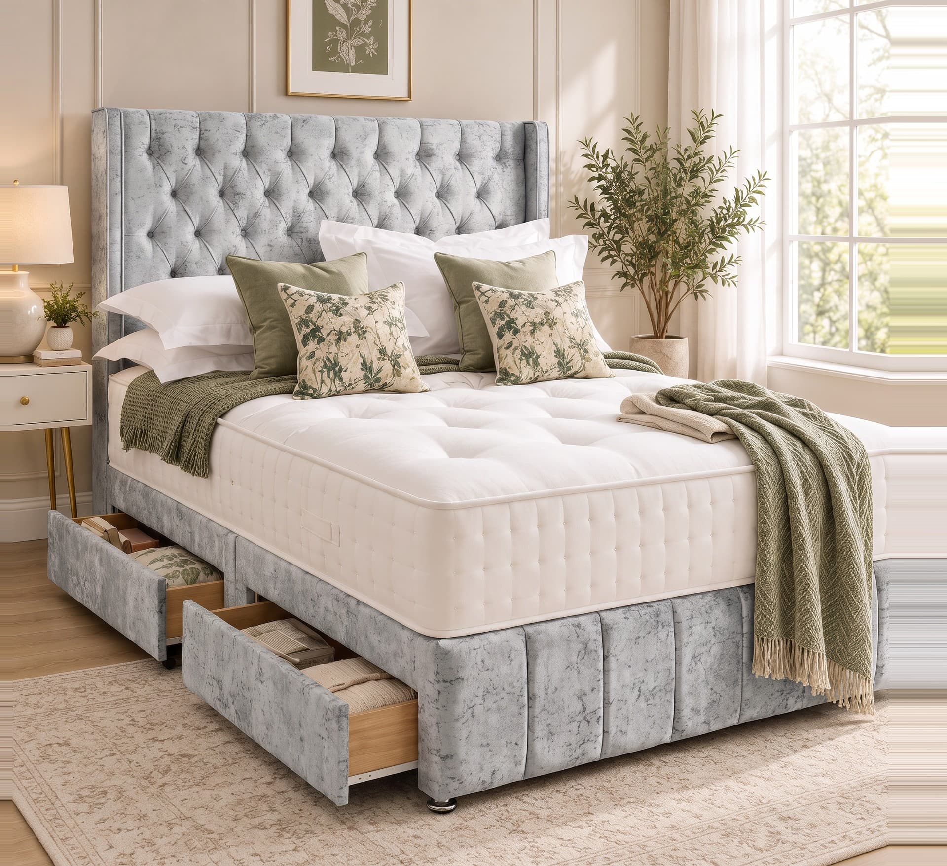 Edmund Chesterfield Divan Bed with Storage in silver Soft Marble velvet