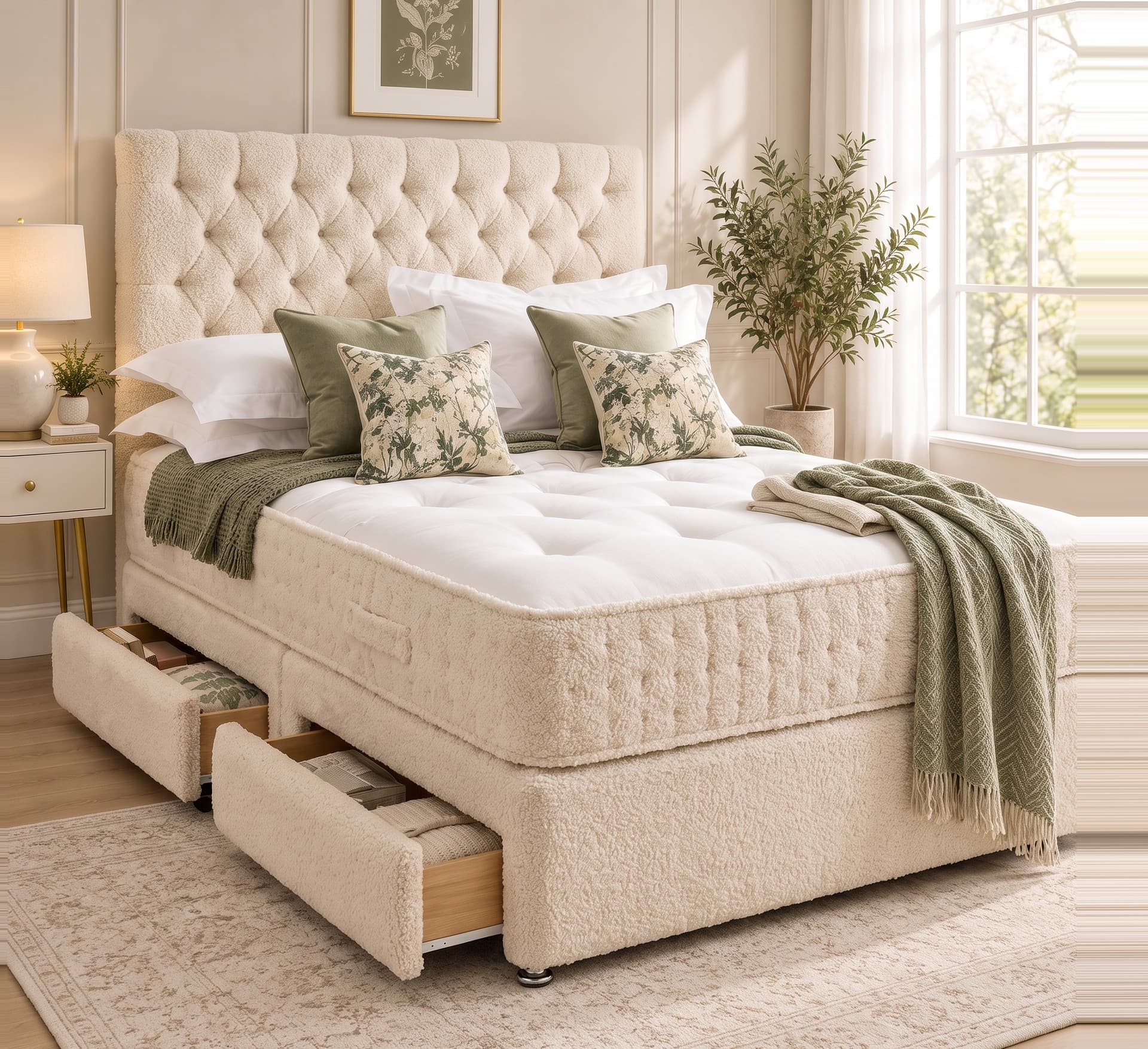 Edmund Chesterfield Divan Bed with Storage in teddy bouclé