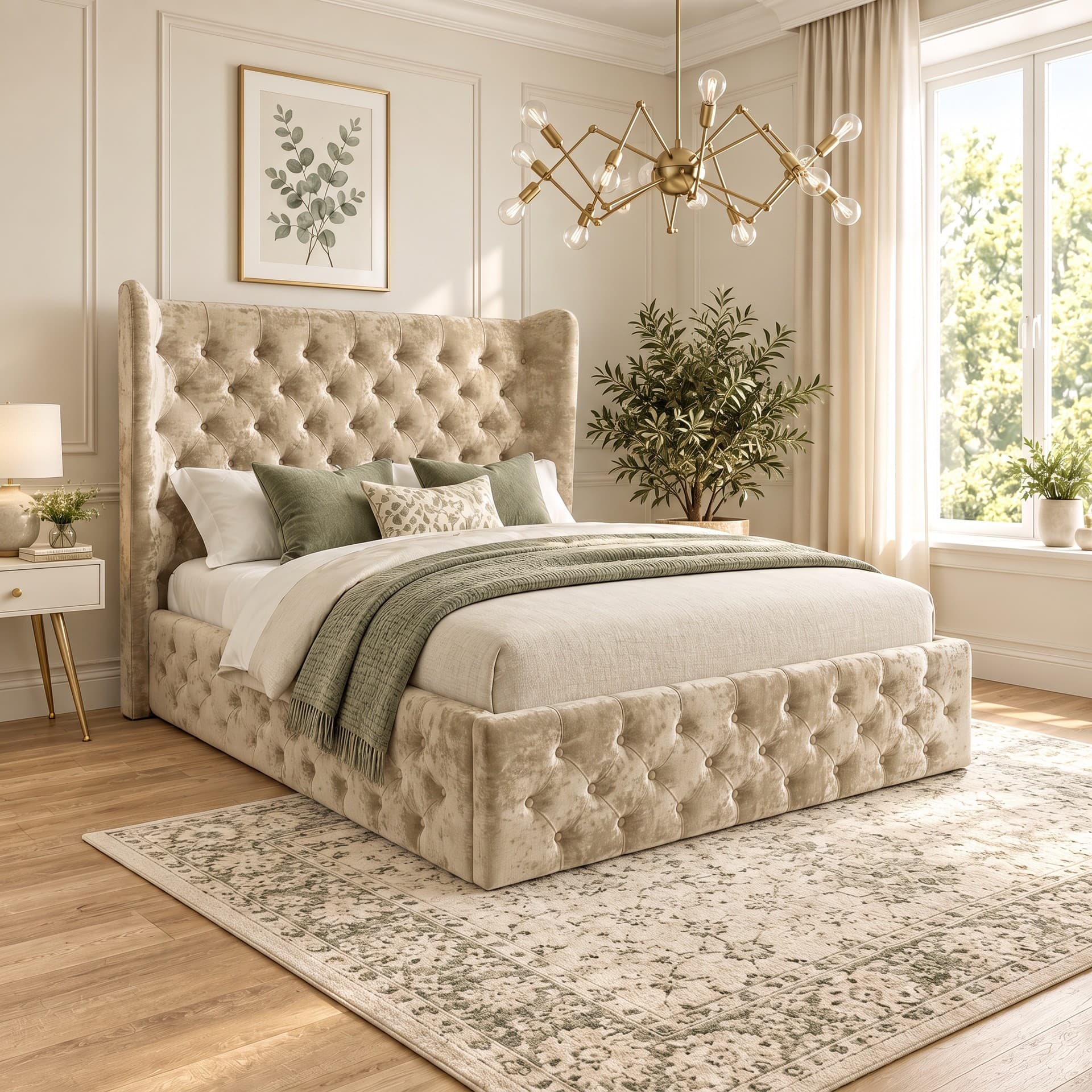 Ethan winged Chesterfield bed in almond crushed velvet, deep-buttoned across the headboard, siderails and footboard