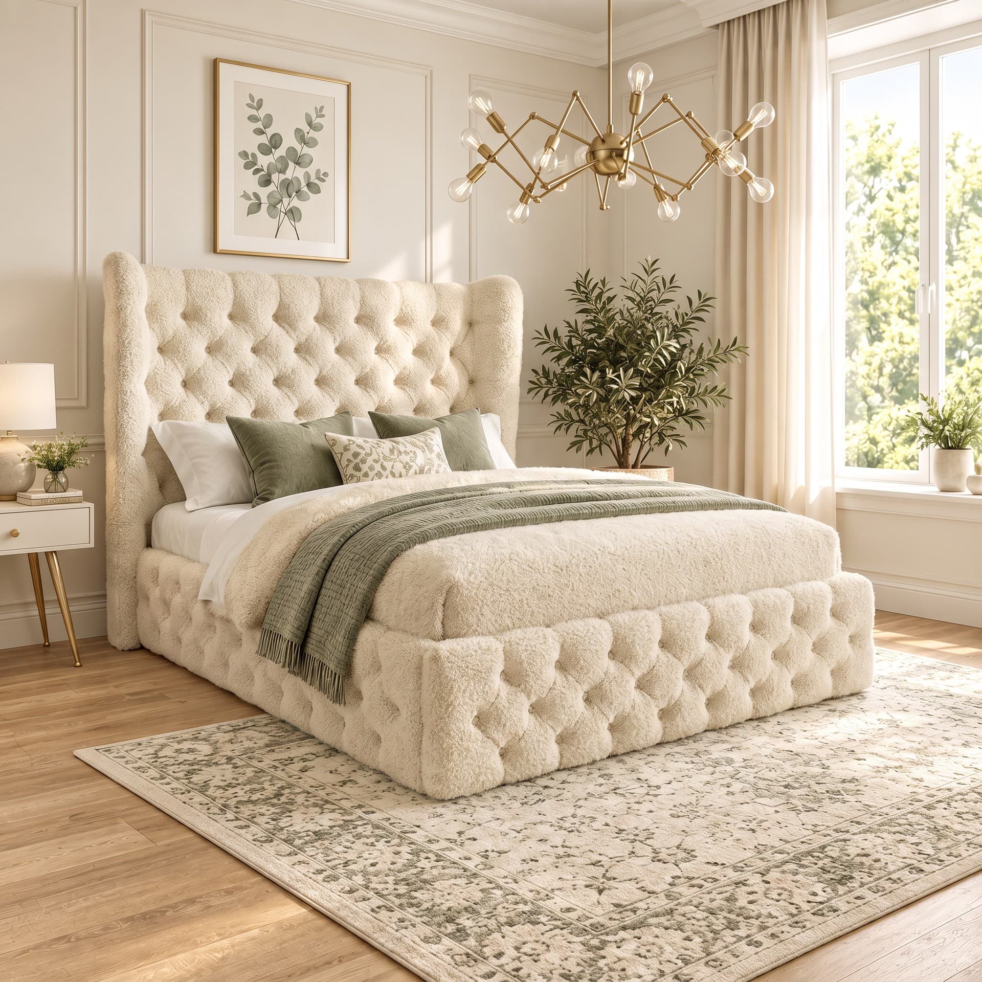 Ethan Winged Chesterfield Upholstered Bed Frame in teddy bouclé