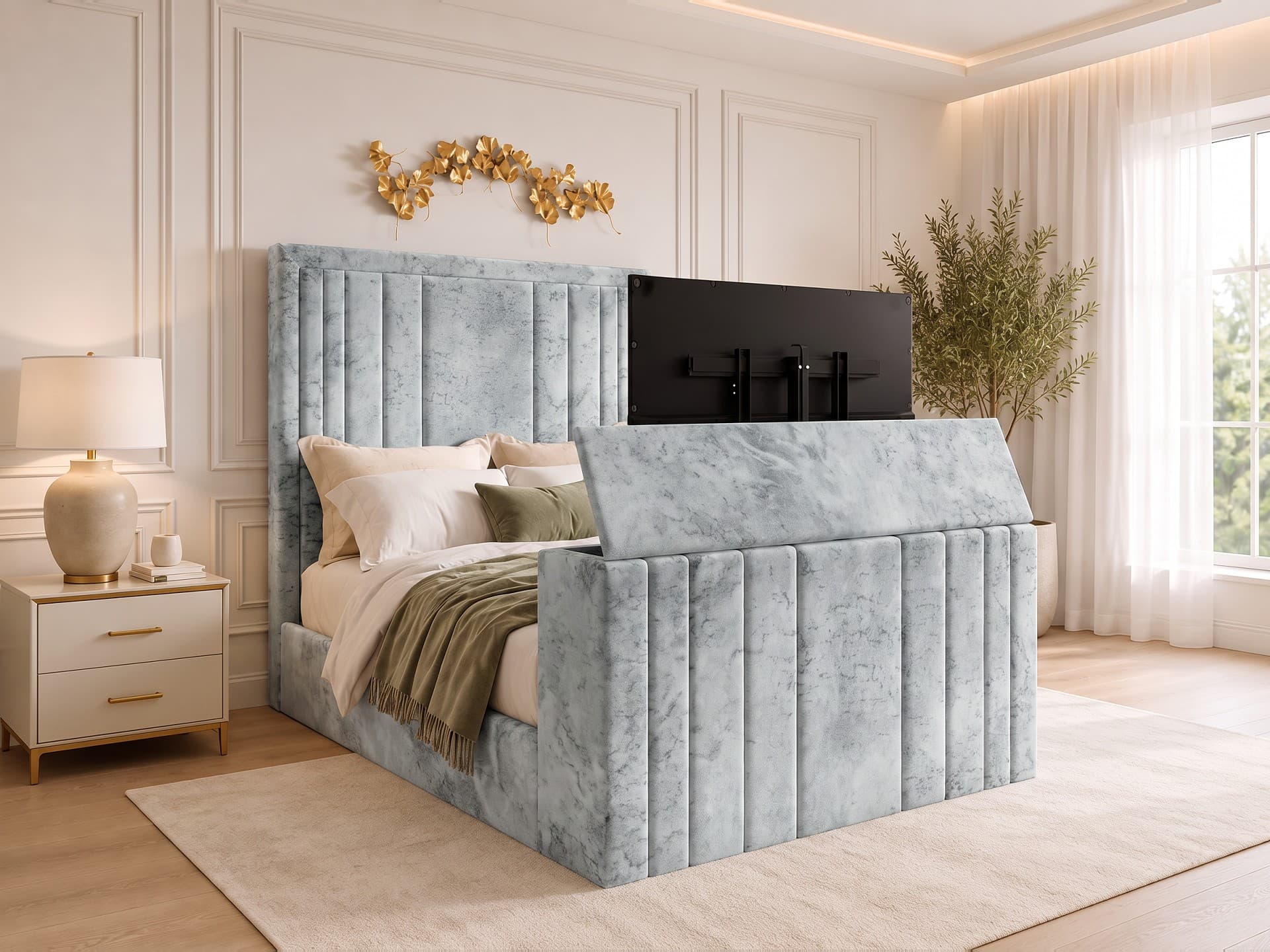 Fordingbridge Panelled Upholstered TV Bed Frame in silver Soft Marble velvet
