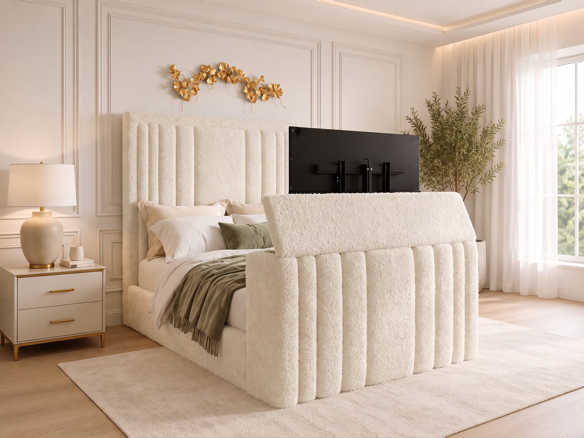 Fordingbridge Panelled Upholstered TV Bed Frame in teddy bouclé