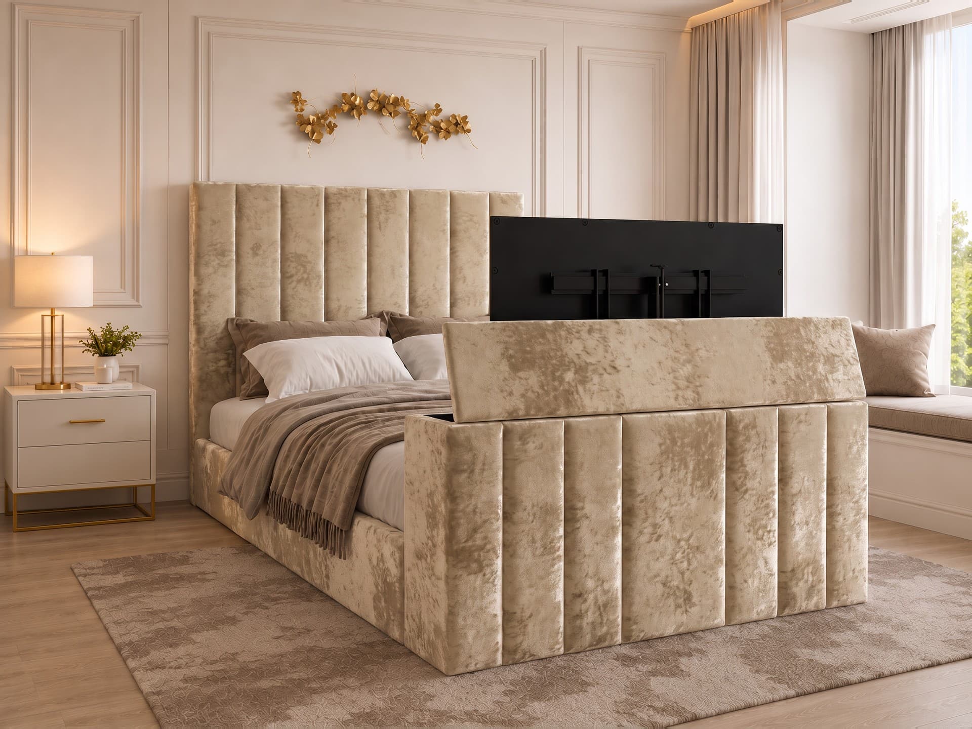 Greenport Lined Upholstered TV Bed Frame in crushed velvet