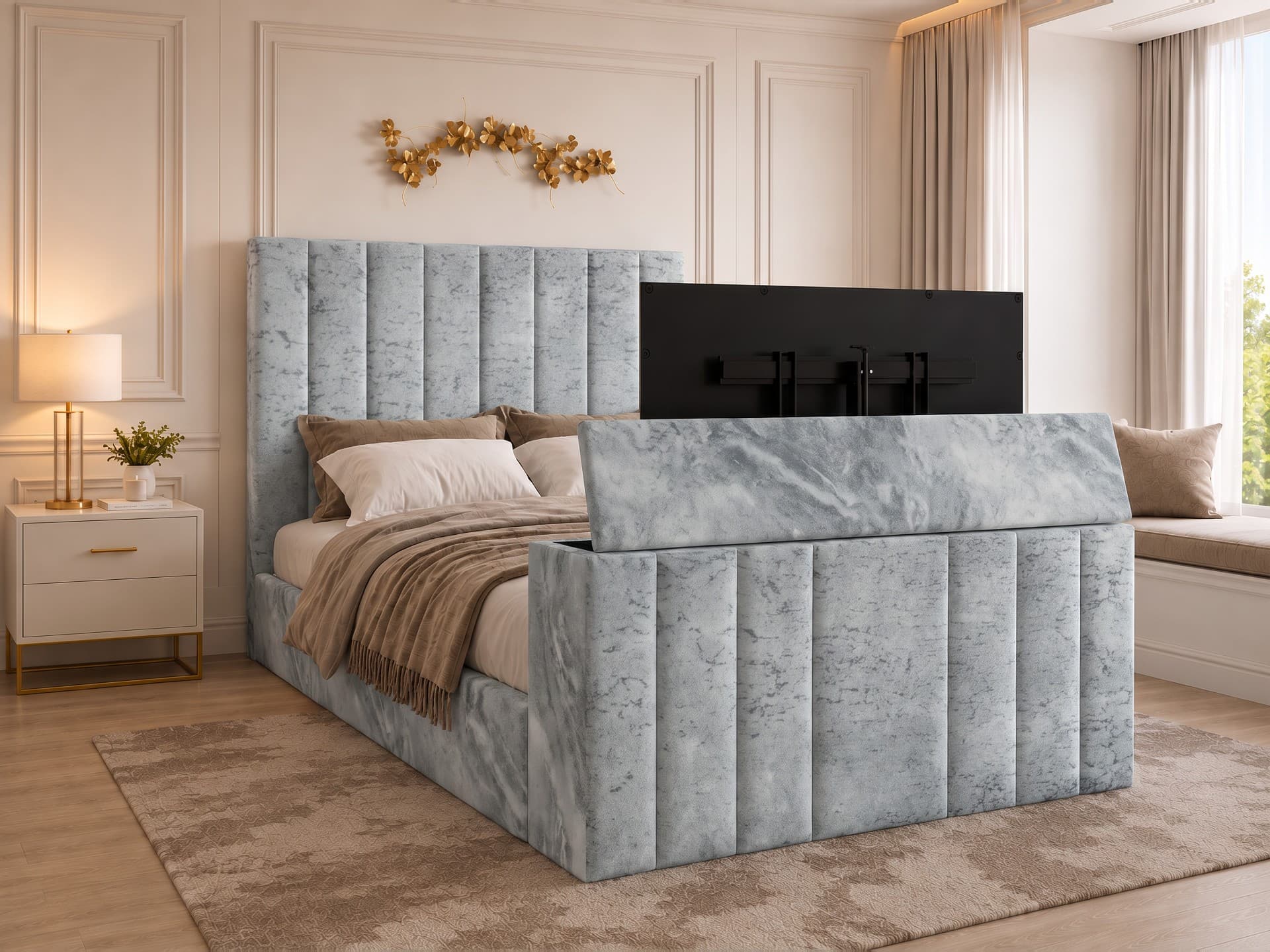 Greenport Lined Upholstered TV Bed Frame in silver Soft Marble velvet