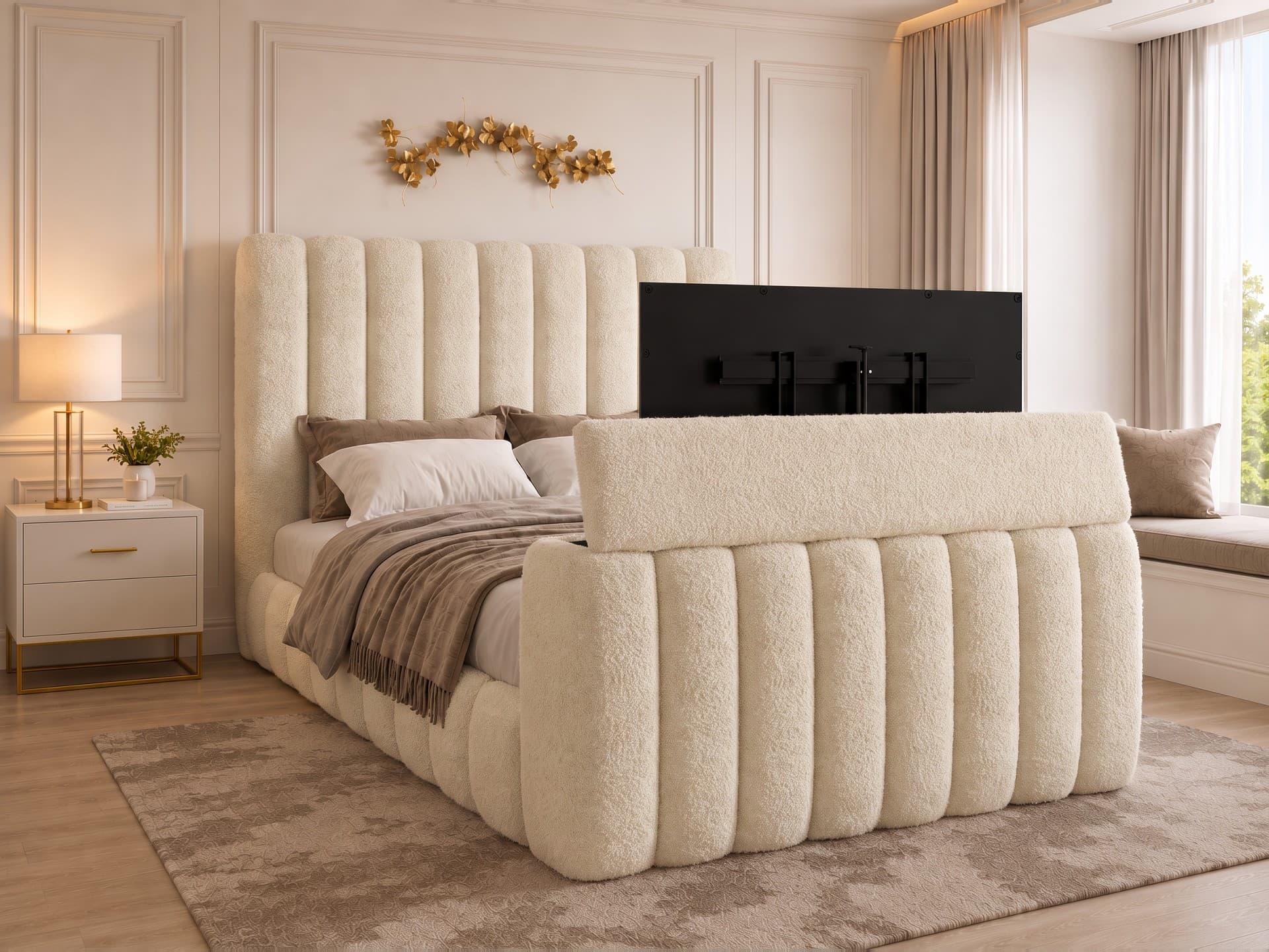 Greenport Lined Upholstered TV Bed Frame in teddy bouclé