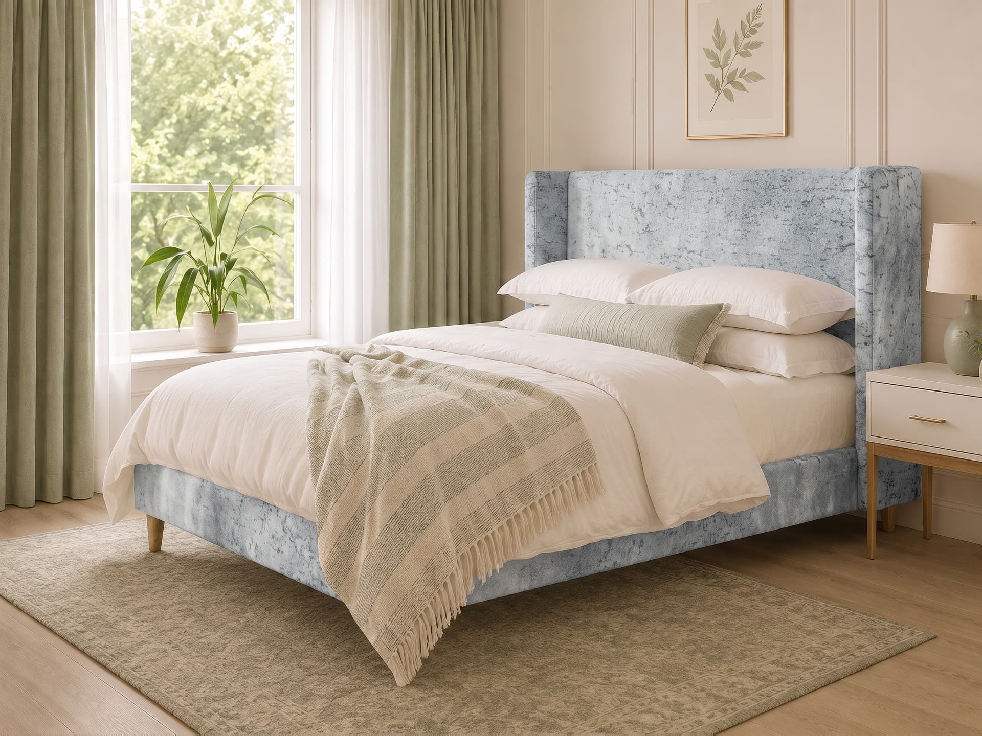 Harlow Bouclé Upholstered Bed Frame in silver Soft Marble velvet