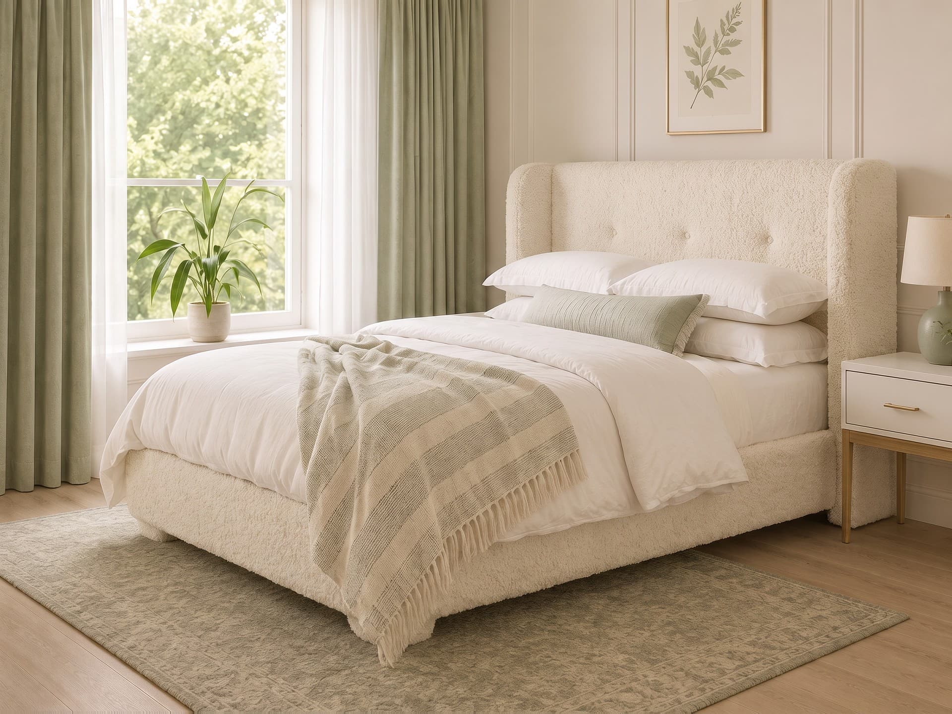 Harlow Bouclé Upholstered Bed Frame in teddy bouclé