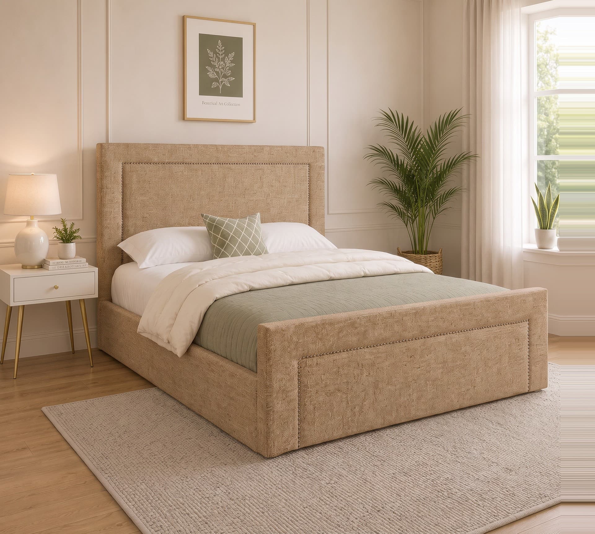 Johnnay plain upholstered bed in latte linen-look fabric in a bright, pale bedroom