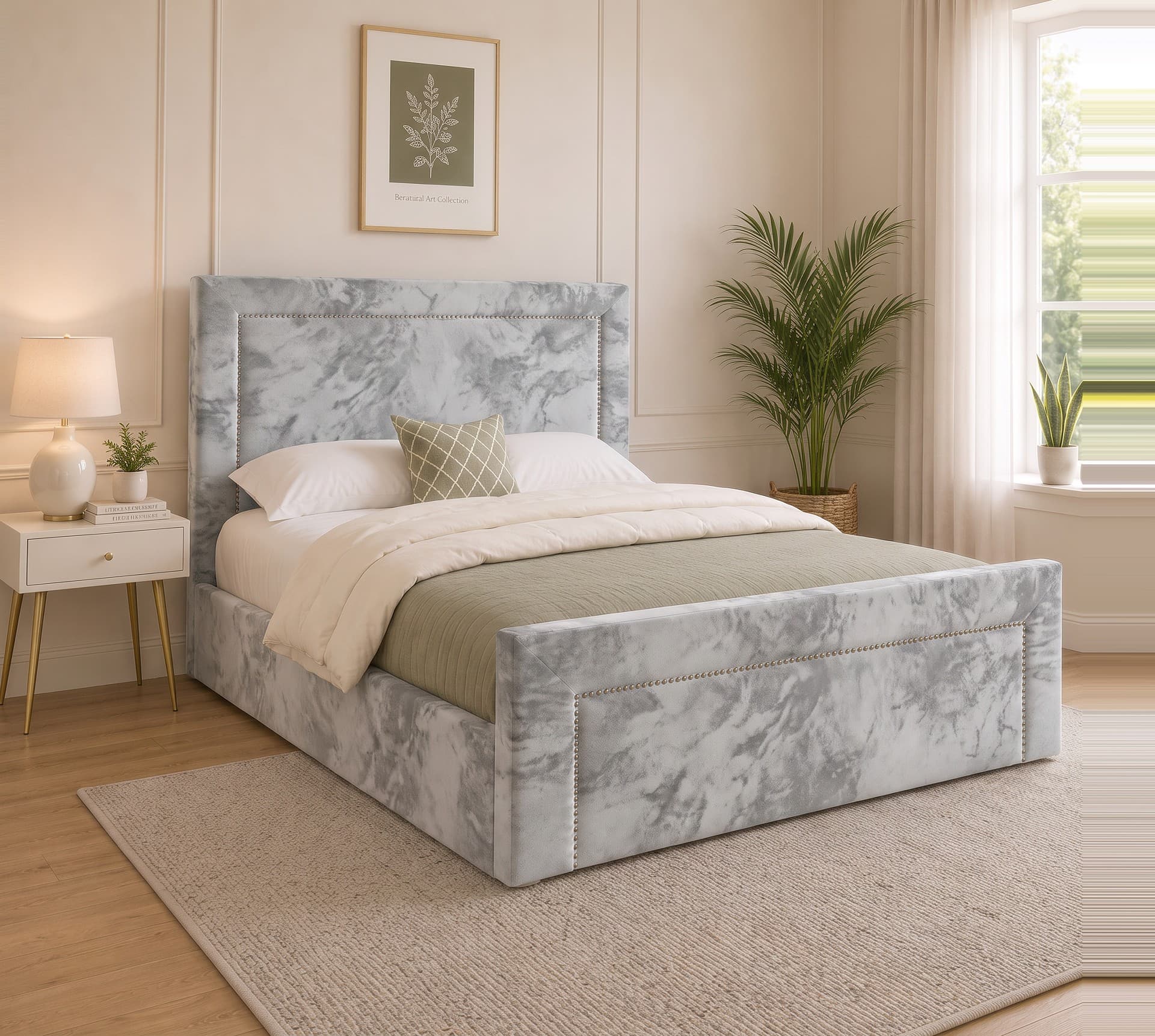 Johnnay Plain Upholstered Bed Frame in silver Soft Marble velvet