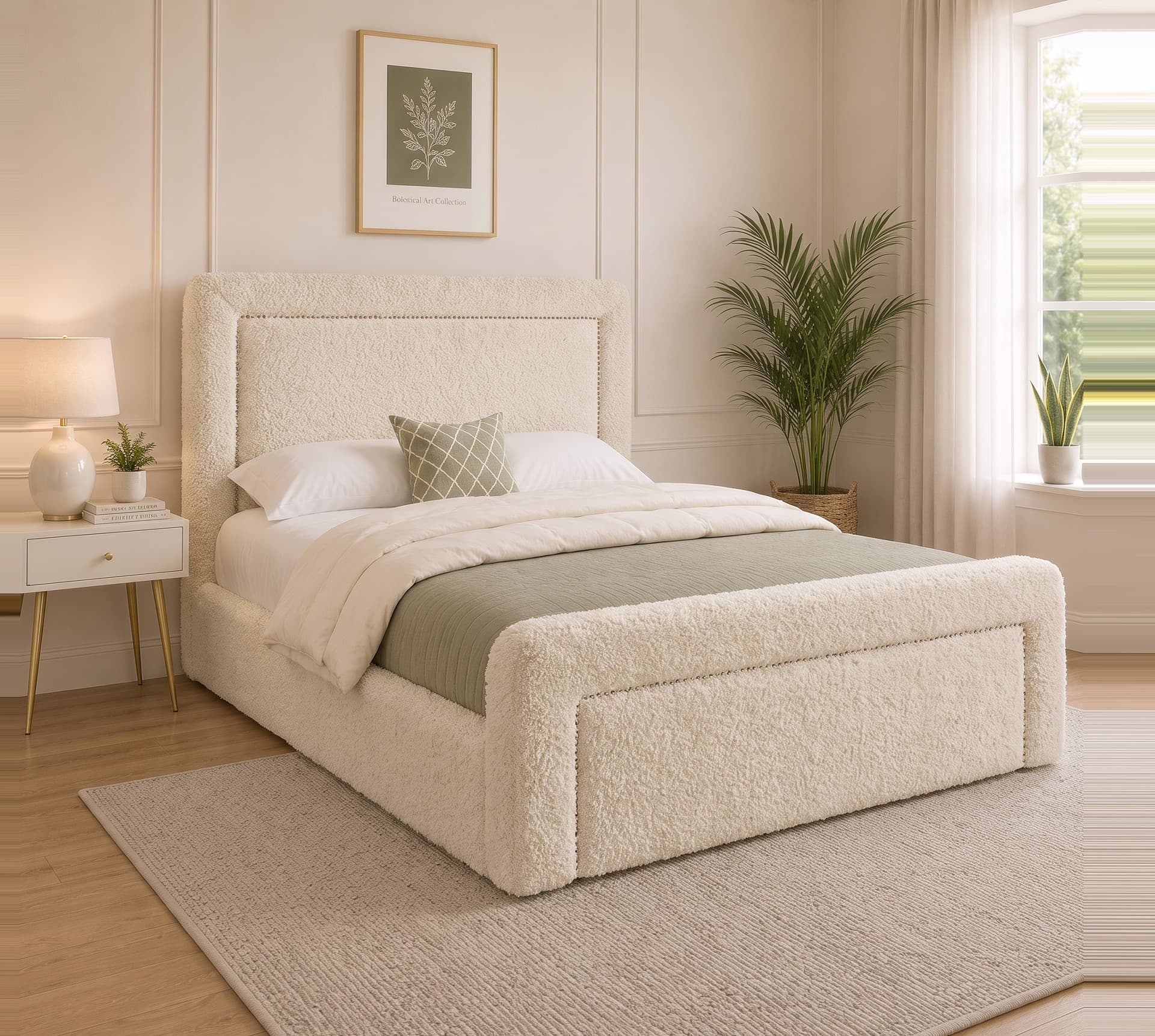 Johnnay Plain Upholstered Bed Frame in teddy bouclé