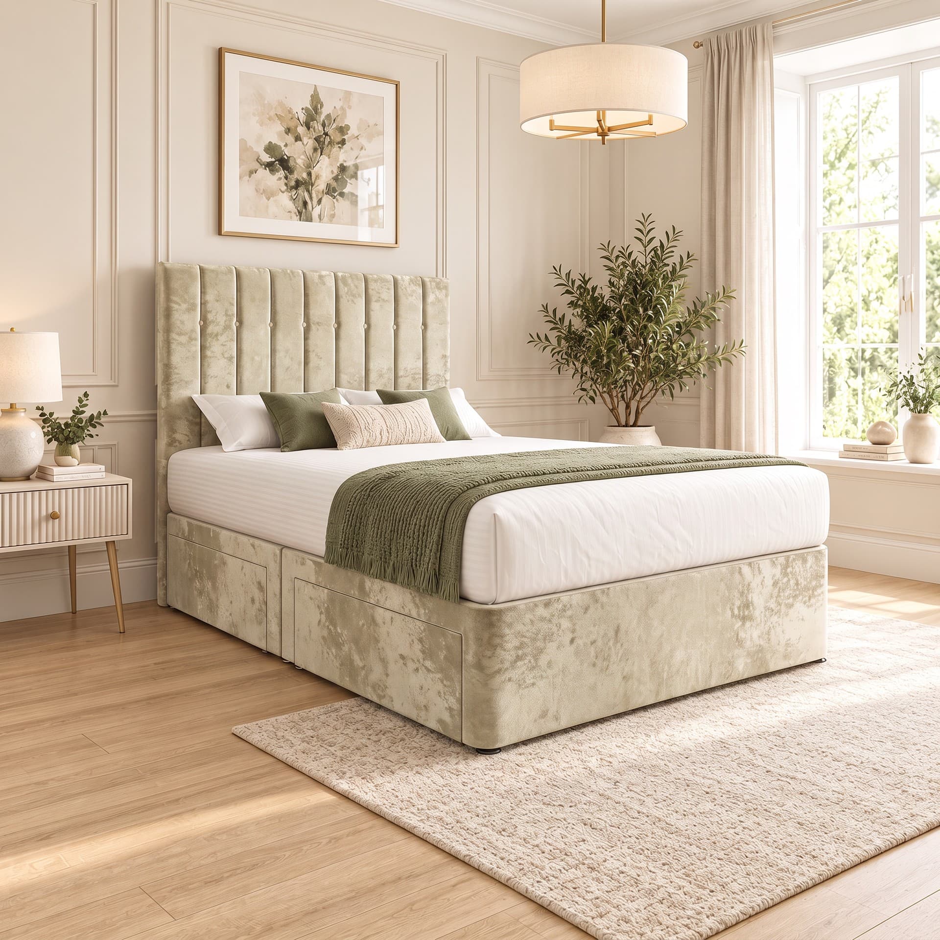 Jovahn Linear Headboard Divan Bed with Storage in crushed velvet
