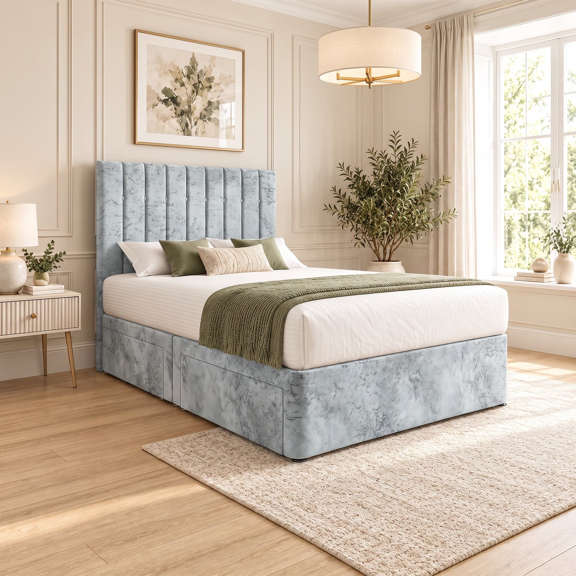 Jovahn Linear Headboard Divan Bed with Storage in silver Soft Marble velvet