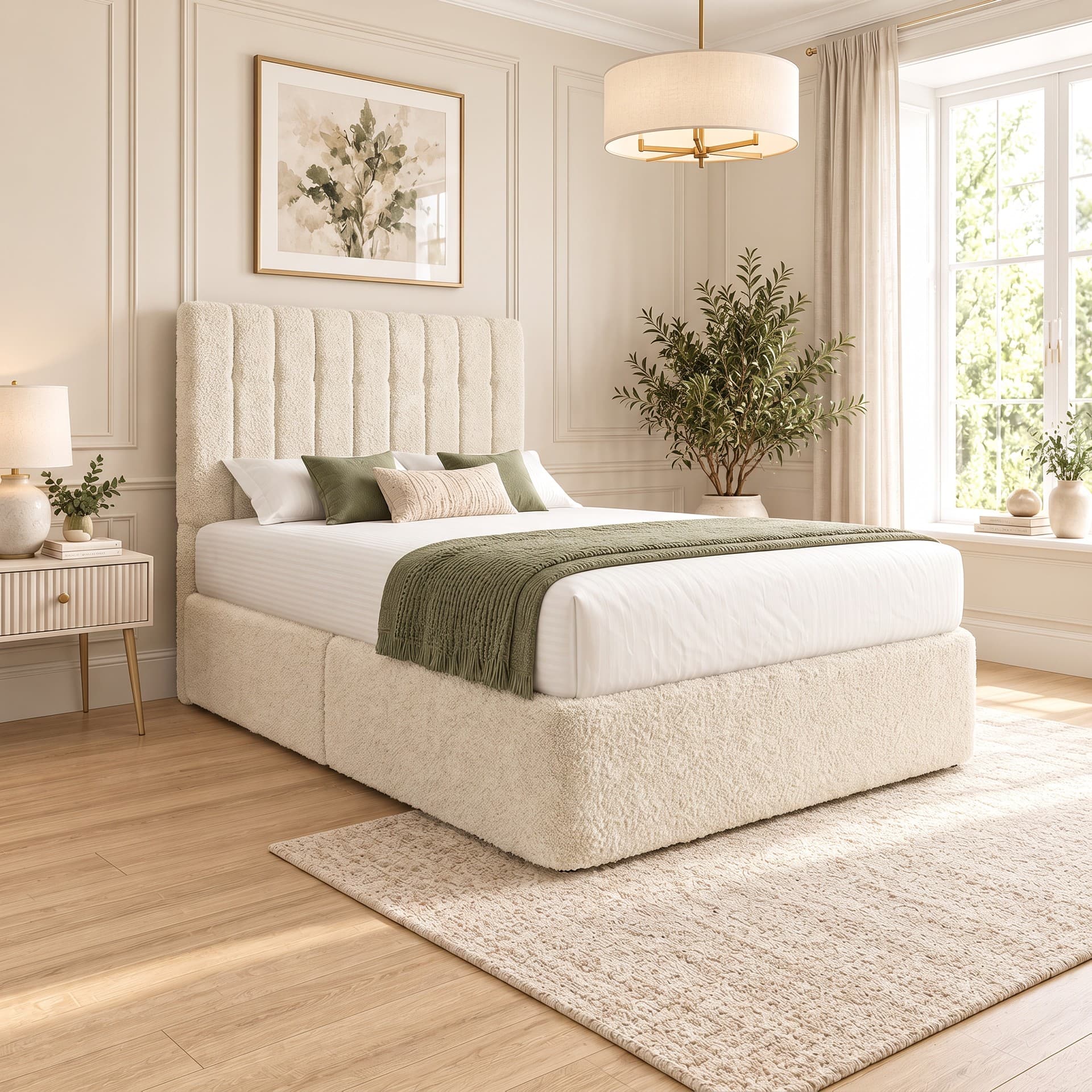 Jovahn Linear Headboard Divan Bed with Storage in teddy bouclé