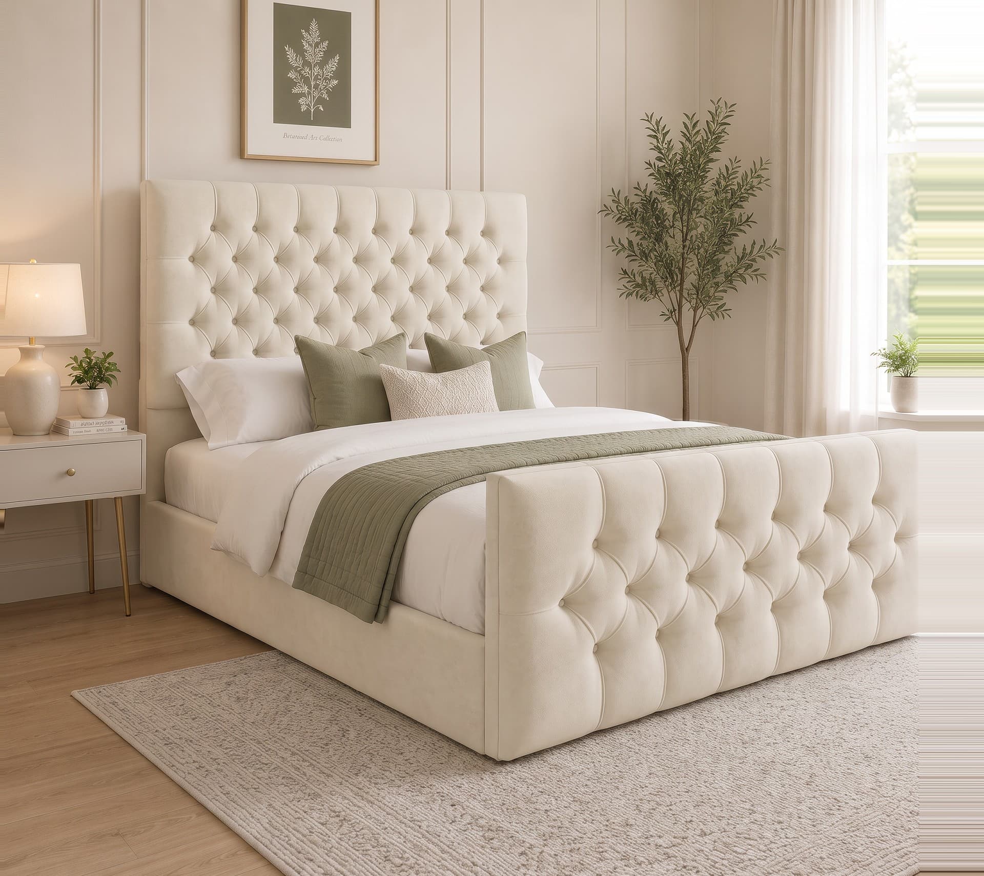 Leonard Chesterfield bed in cream plush with a deep-buttoned headboard and footboard, dressed in white and sage bedding