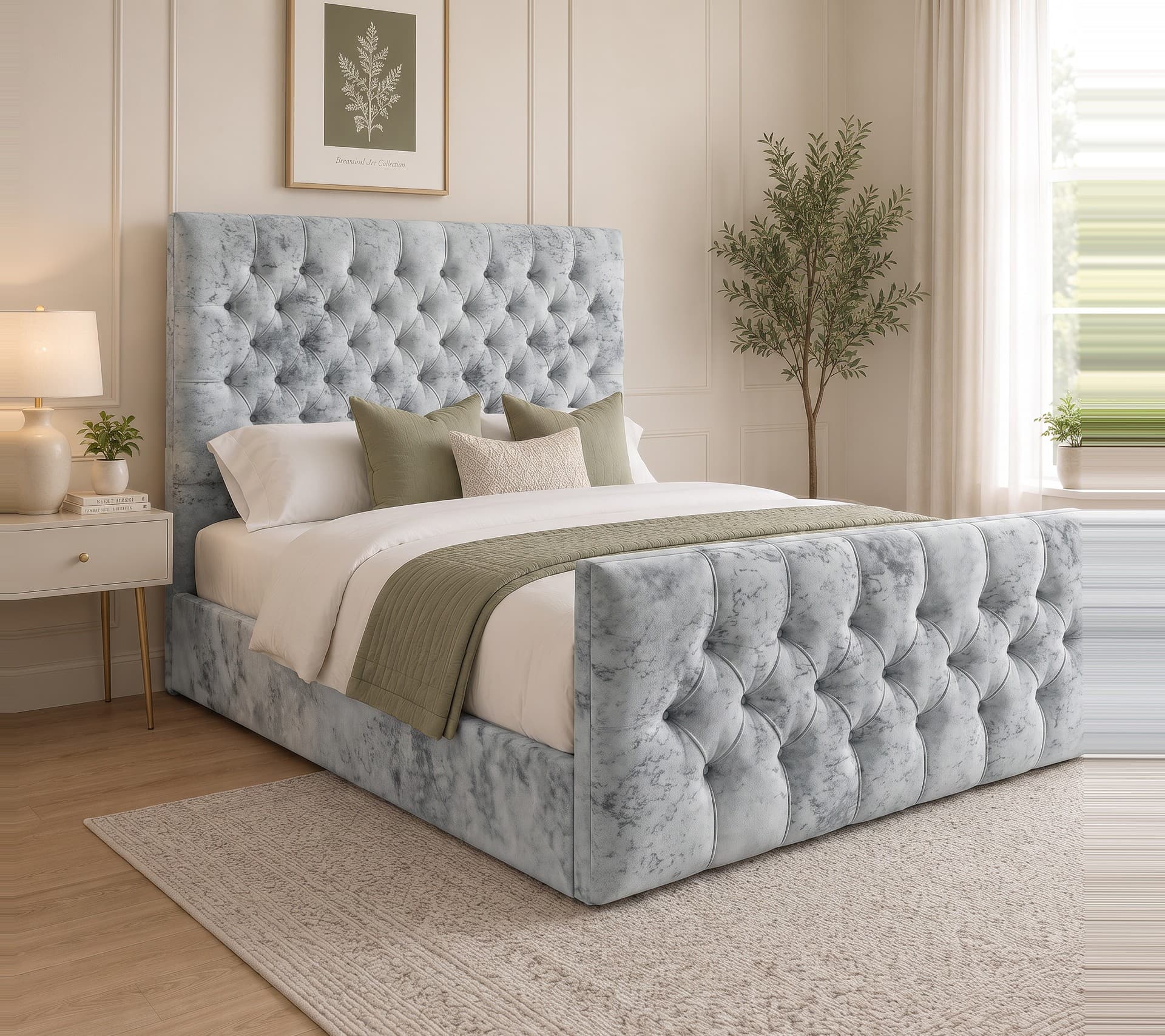 Leonard Chesterfield Upholstered Bed Frame in silver Soft Marble velvet