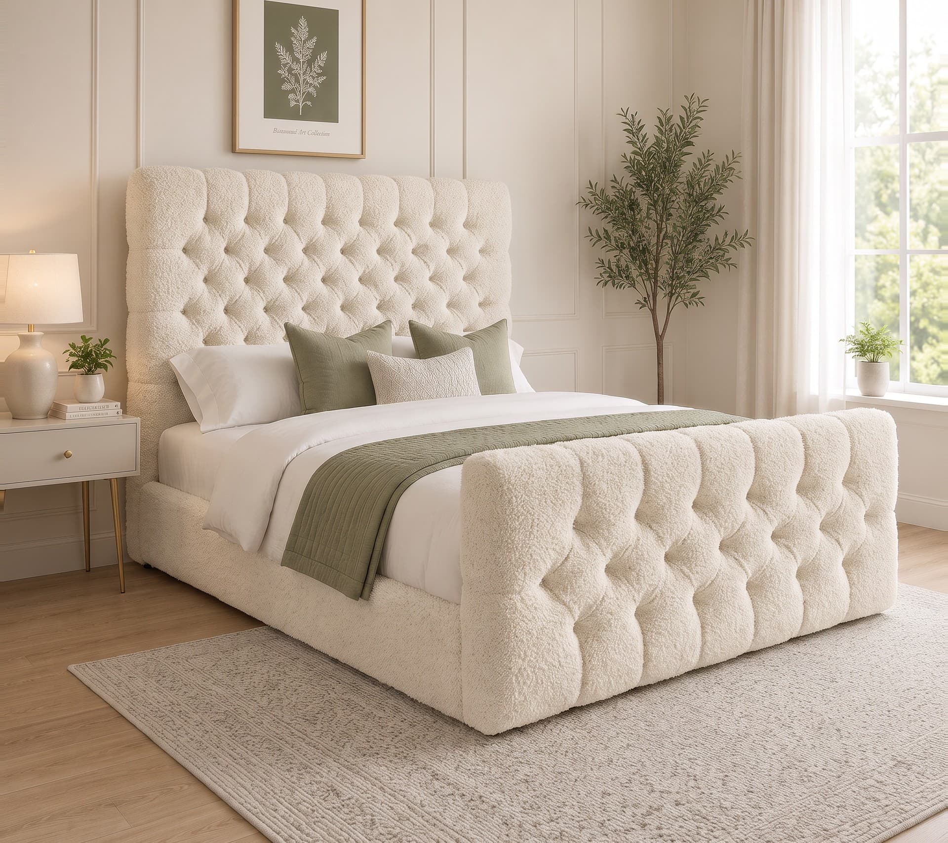 Leonard Chesterfield Upholstered Bed Frame in teddy bouclé