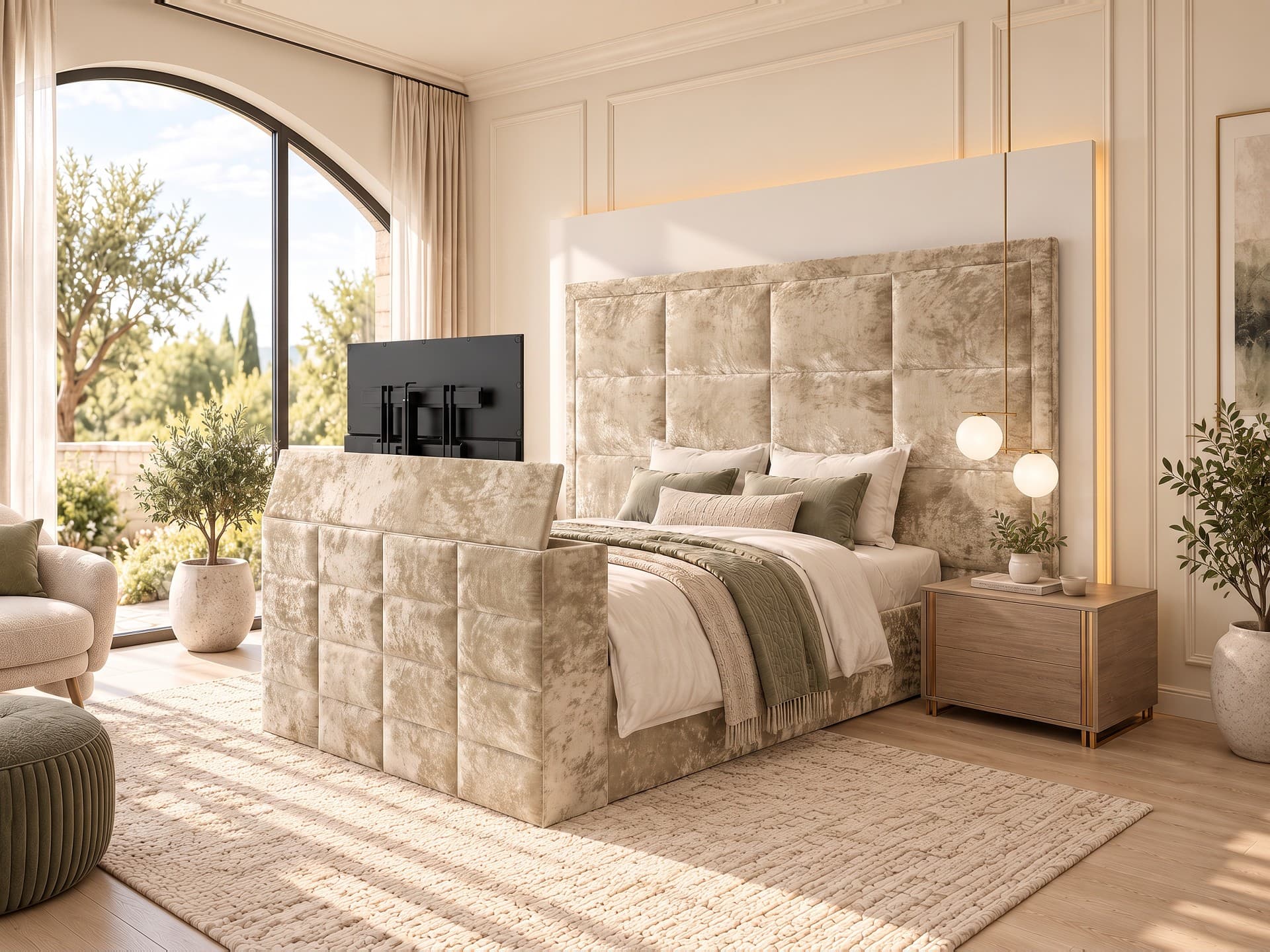 Lirim Squared Upholstered TV Bed Frame in crushed velvet