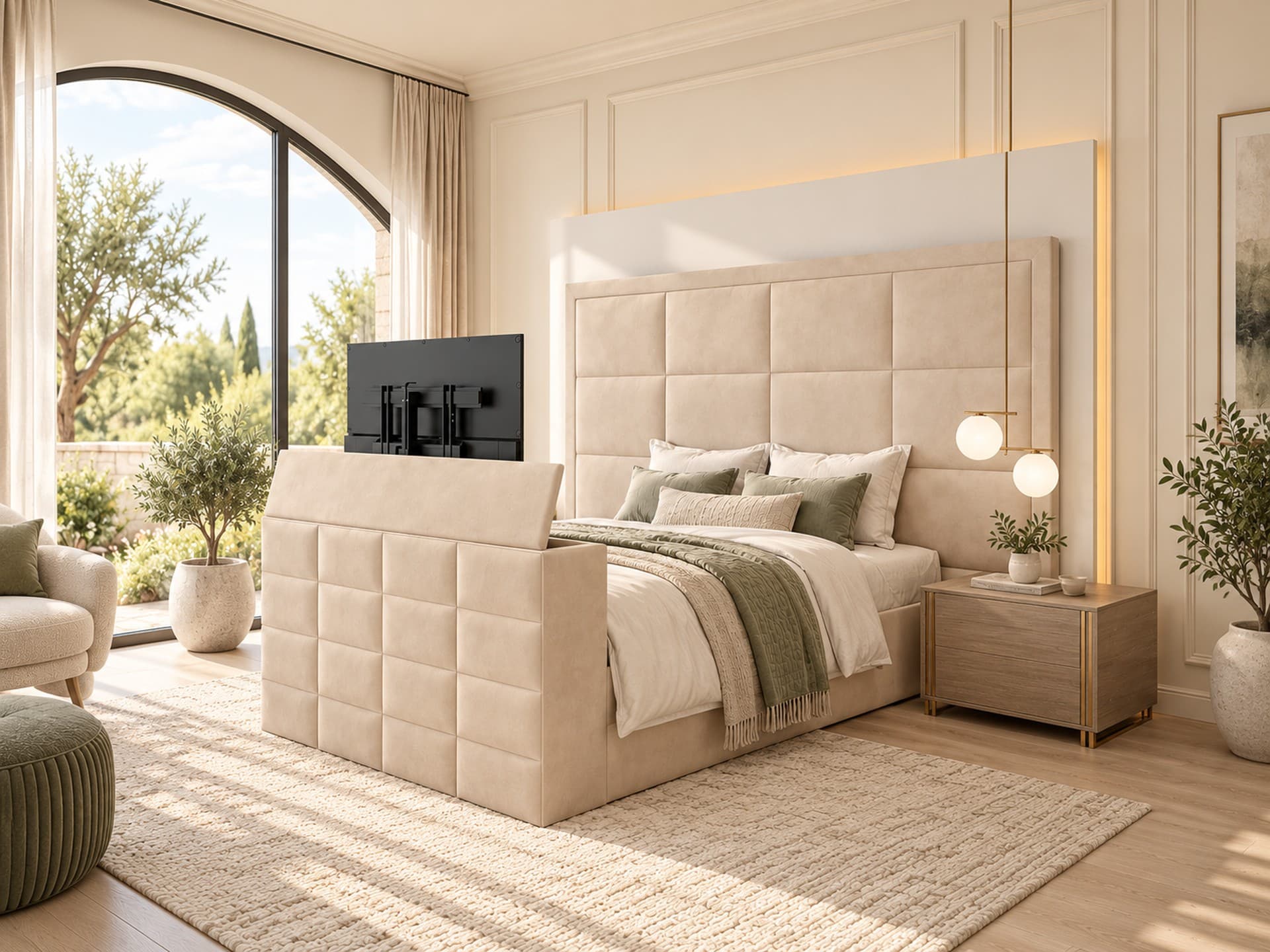 Lirim Squared Upholstered TV Bed Frame in French Velvet