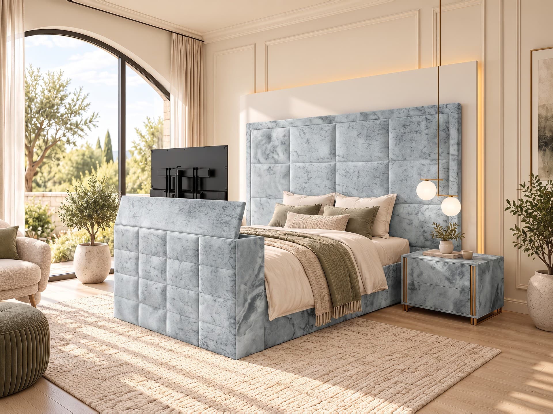 Lirim Squared Upholstered TV Bed Frame in silver Soft Marble velvet