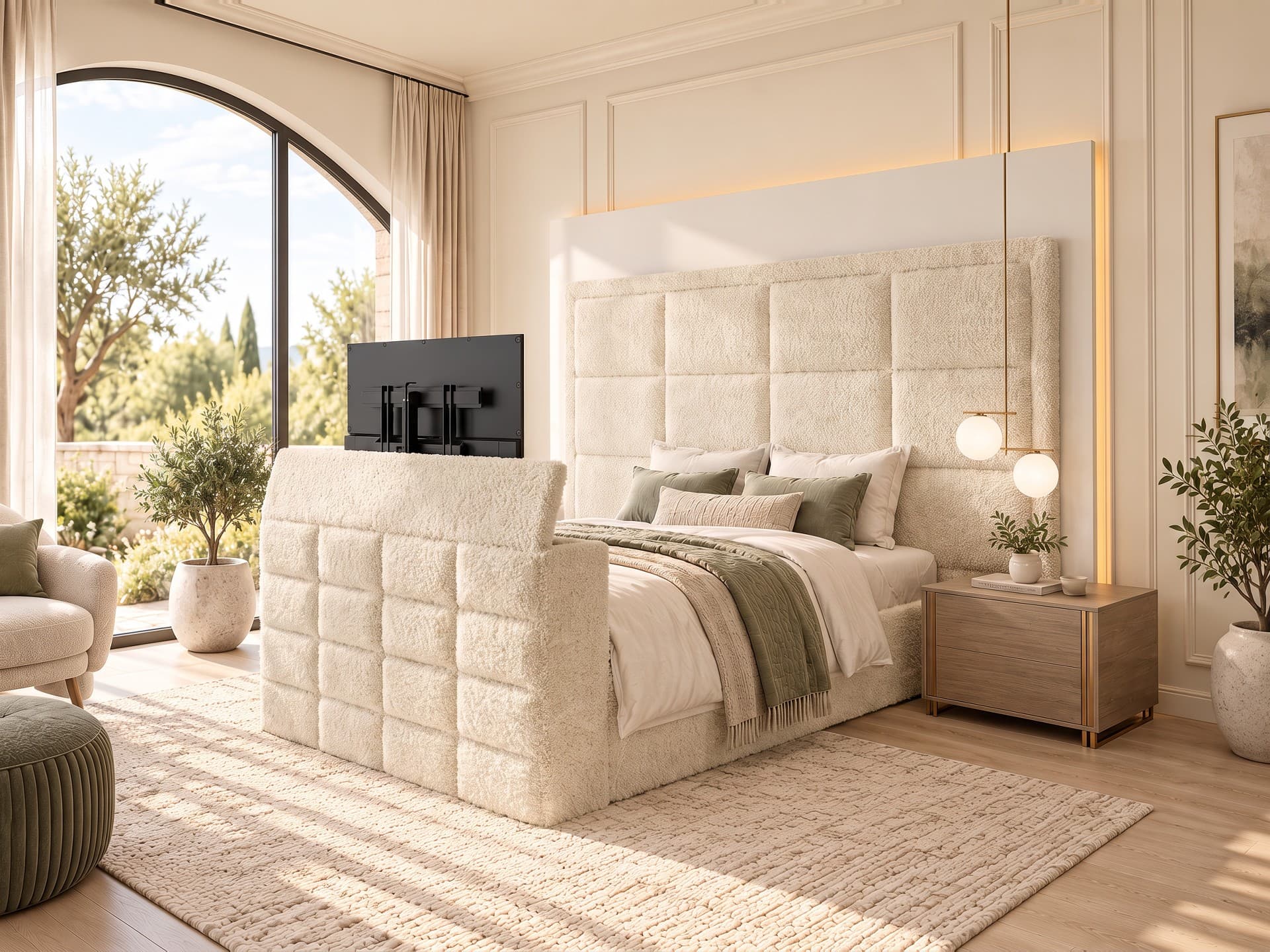 Lirim Squared Upholstered TV Bed Frame in teddy bouclé