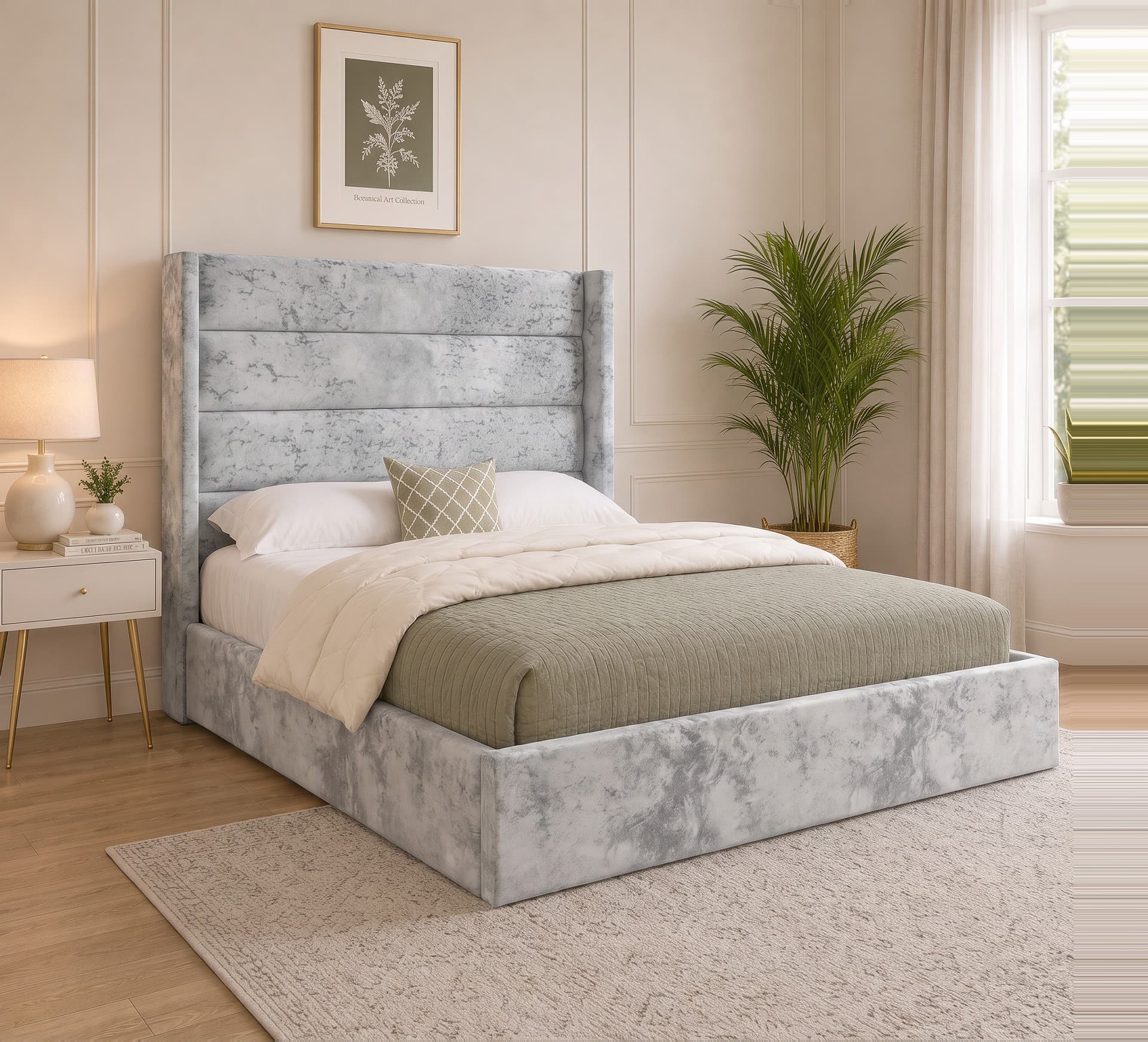 Martinez Fluted Winged Upholstered Bed Frame in silver Soft Marble velvet
