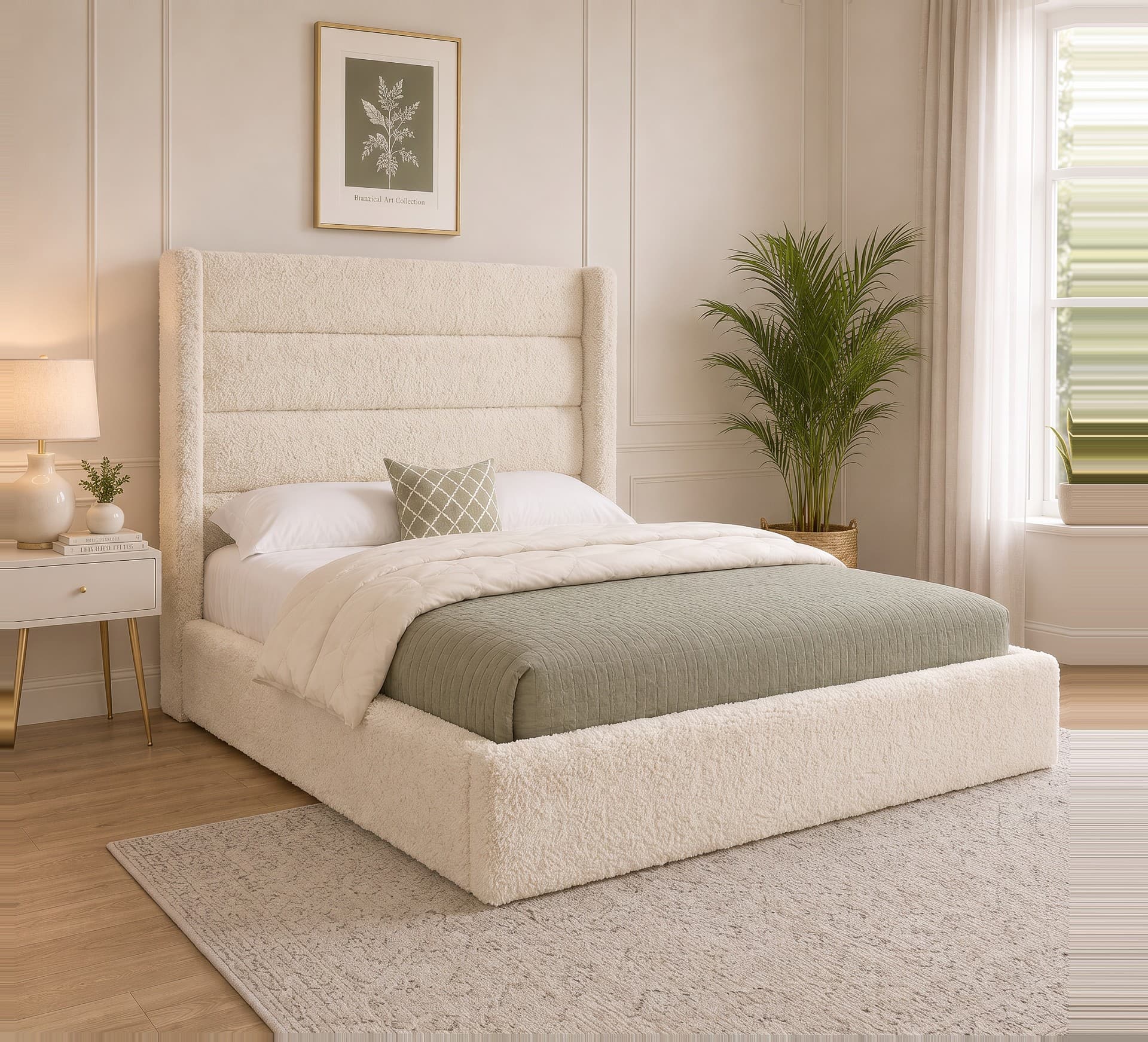 Martinez Fluted Winged Upholstered Bed Frame in teddy bouclé