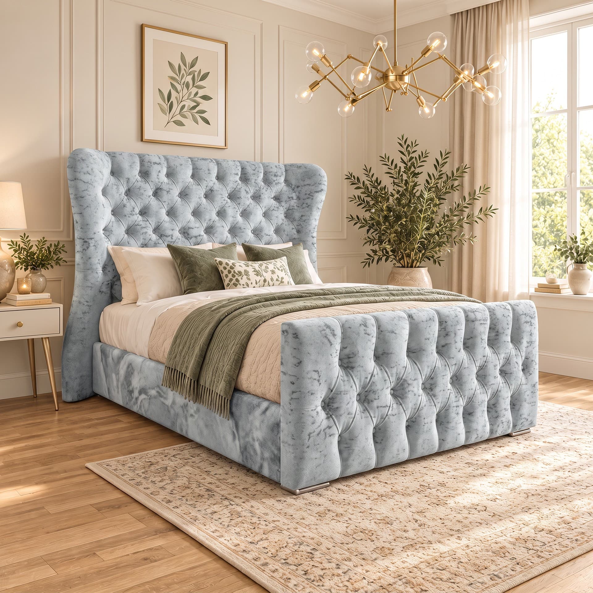 Miriam Floor Winged Upholstered Bed Frame in silver Soft Marble velvet