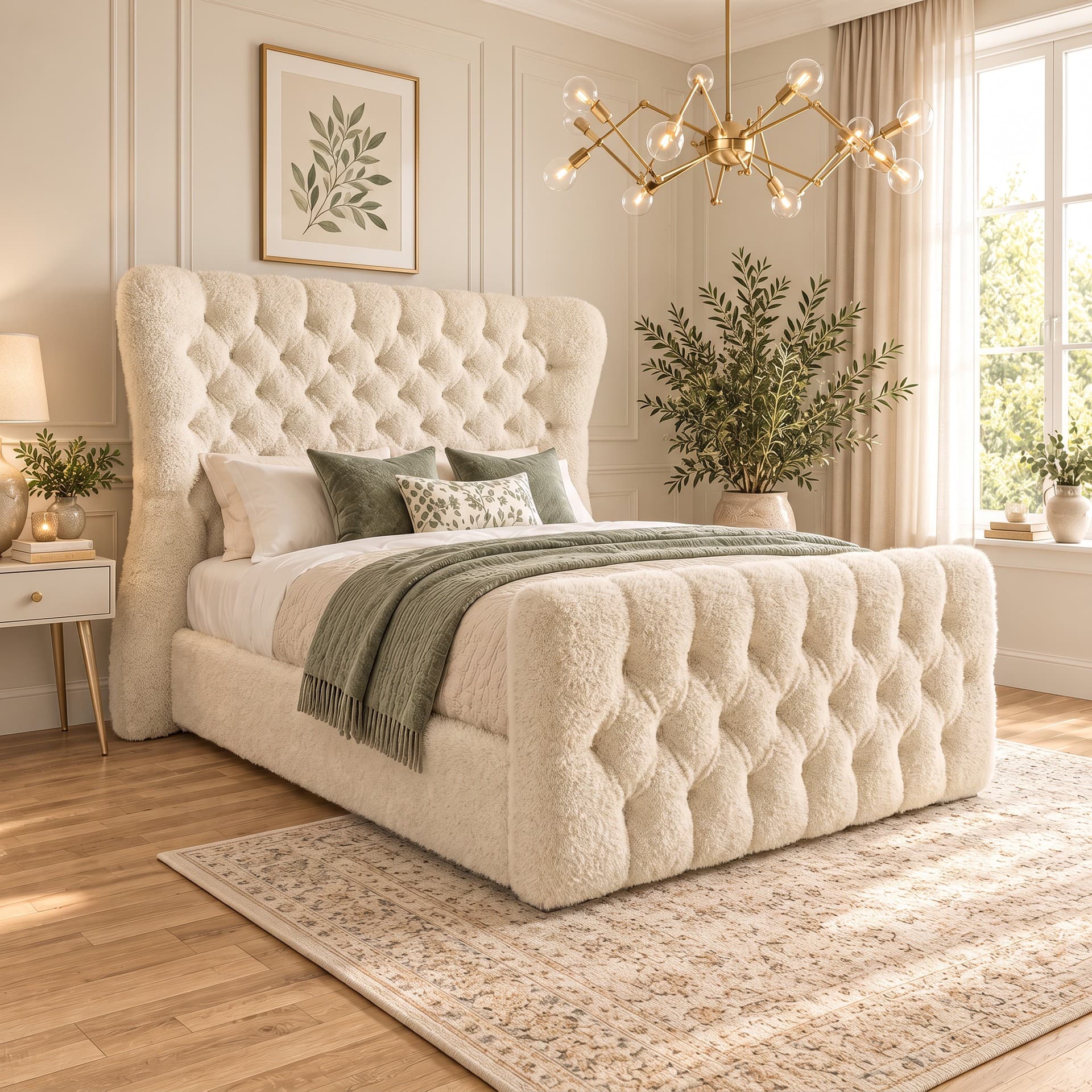Miriam Floor Winged Upholstered Bed Frame in teddy bouclé