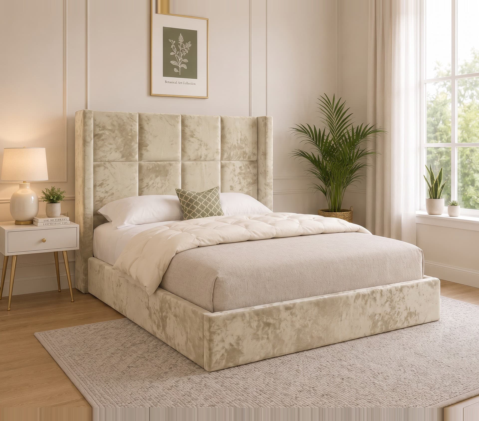Monarch Cube Winged Upholstered Bed Frame in crushed velvet