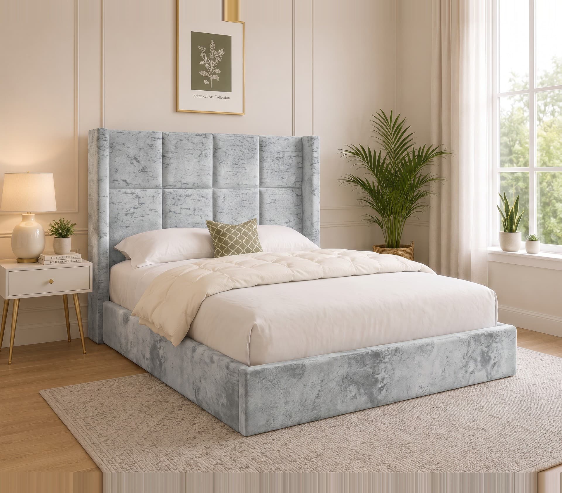 Monarch Cube Winged Upholstered Bed Frame in silver Soft Marble velvet
