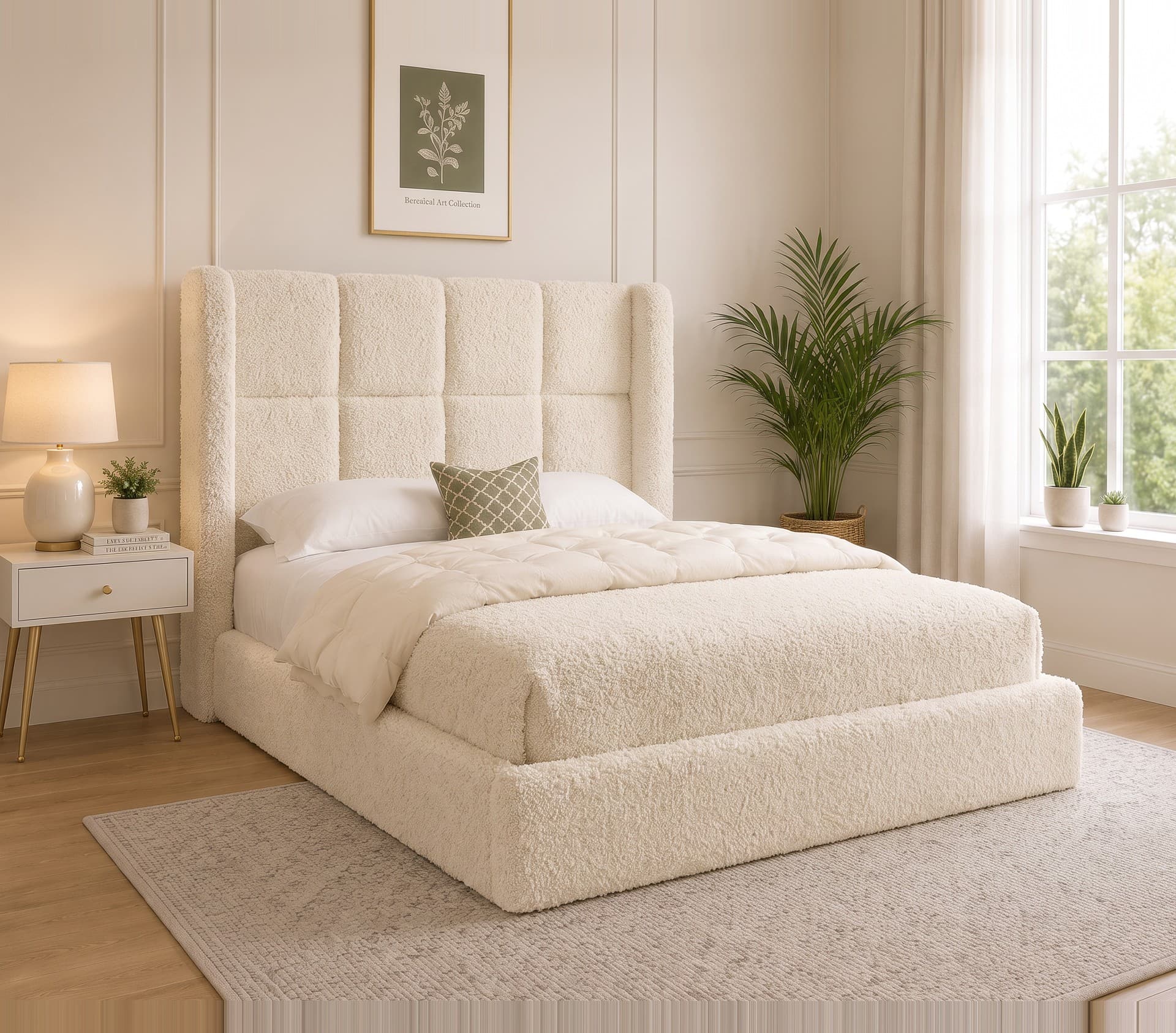 Monarch Cube Winged Upholstered Bed Frame in teddy bouclé