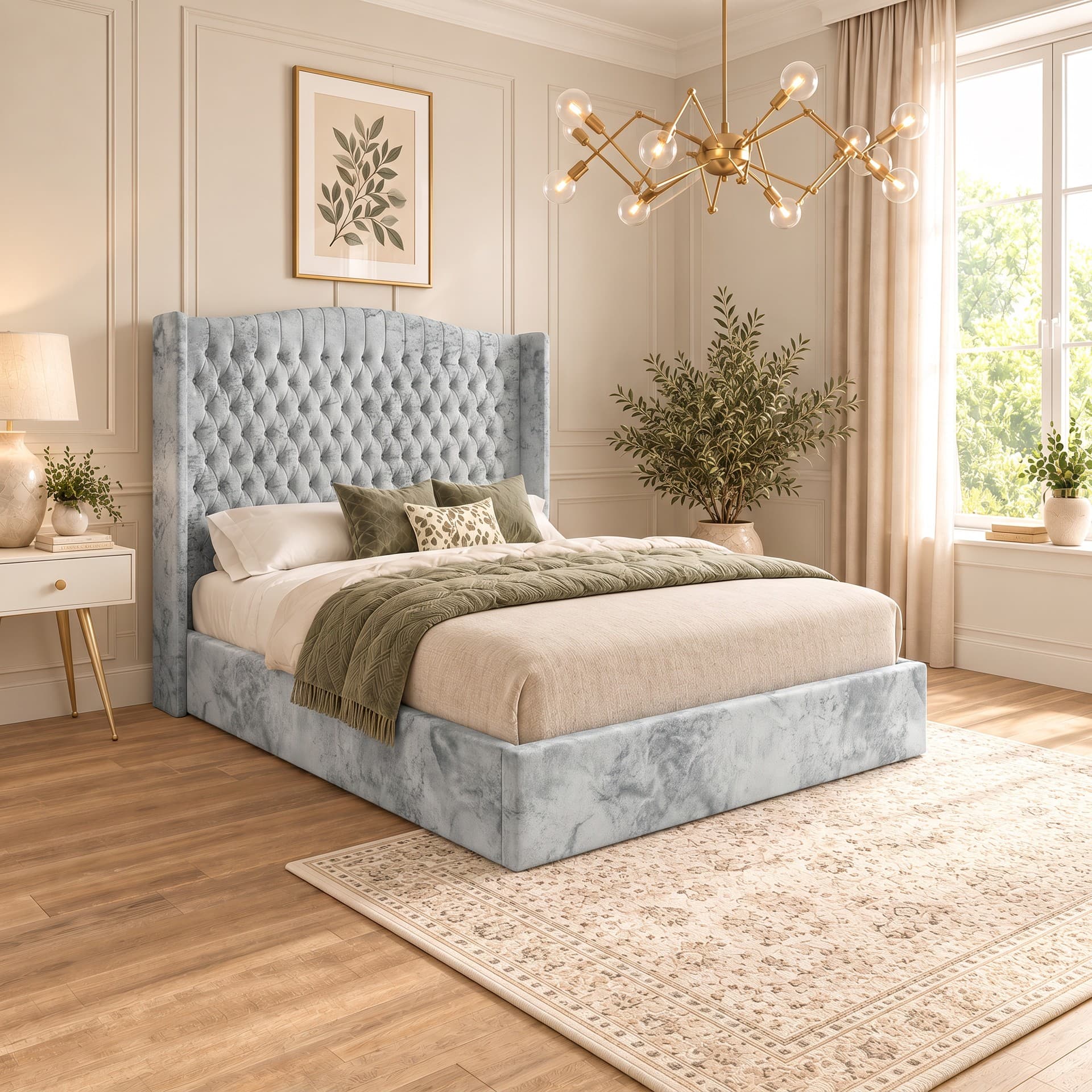 Montauk Curved Winged Chesterfield Bed Frame in silver Soft Marble velvet