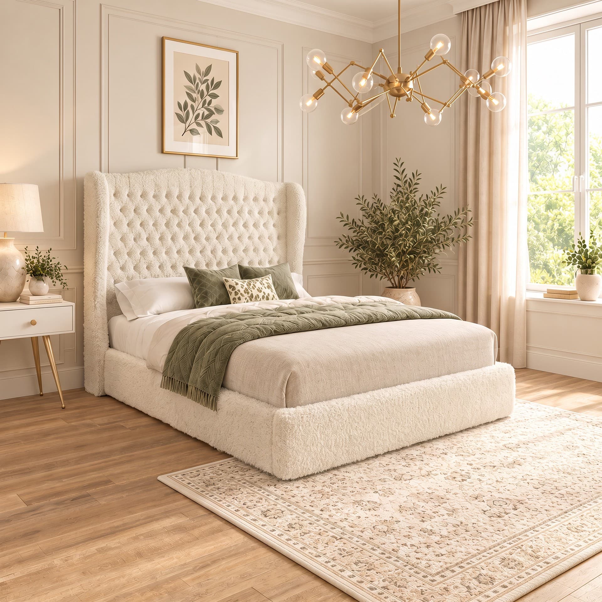 Montauk Curved Winged Chesterfield Bed Frame in teddy bouclé