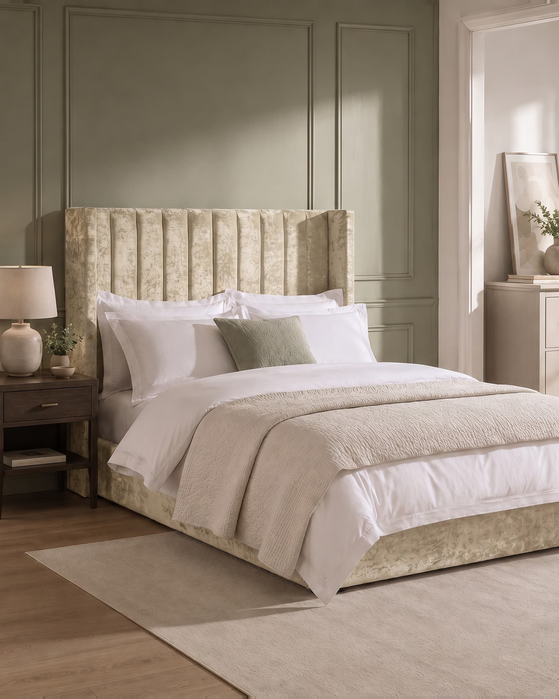 Ornette Fluted Winged Upholstered Bed Frame in crushed velvet