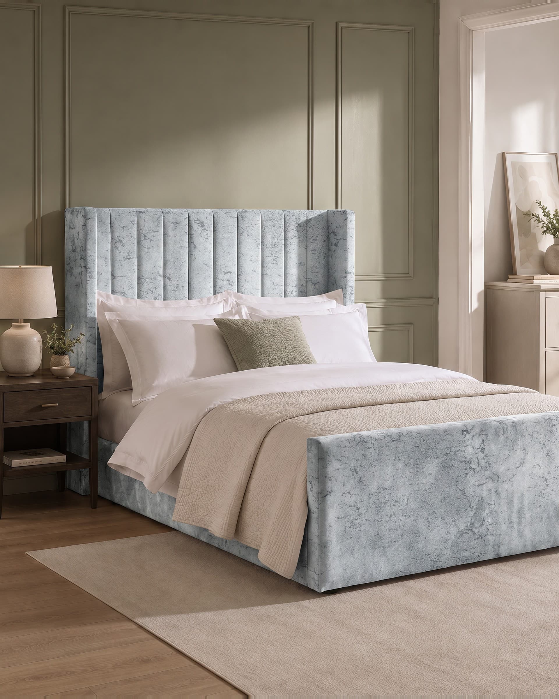 Ornette Fluted Winged Upholstered Bed Frame in silver Soft Marble velvet